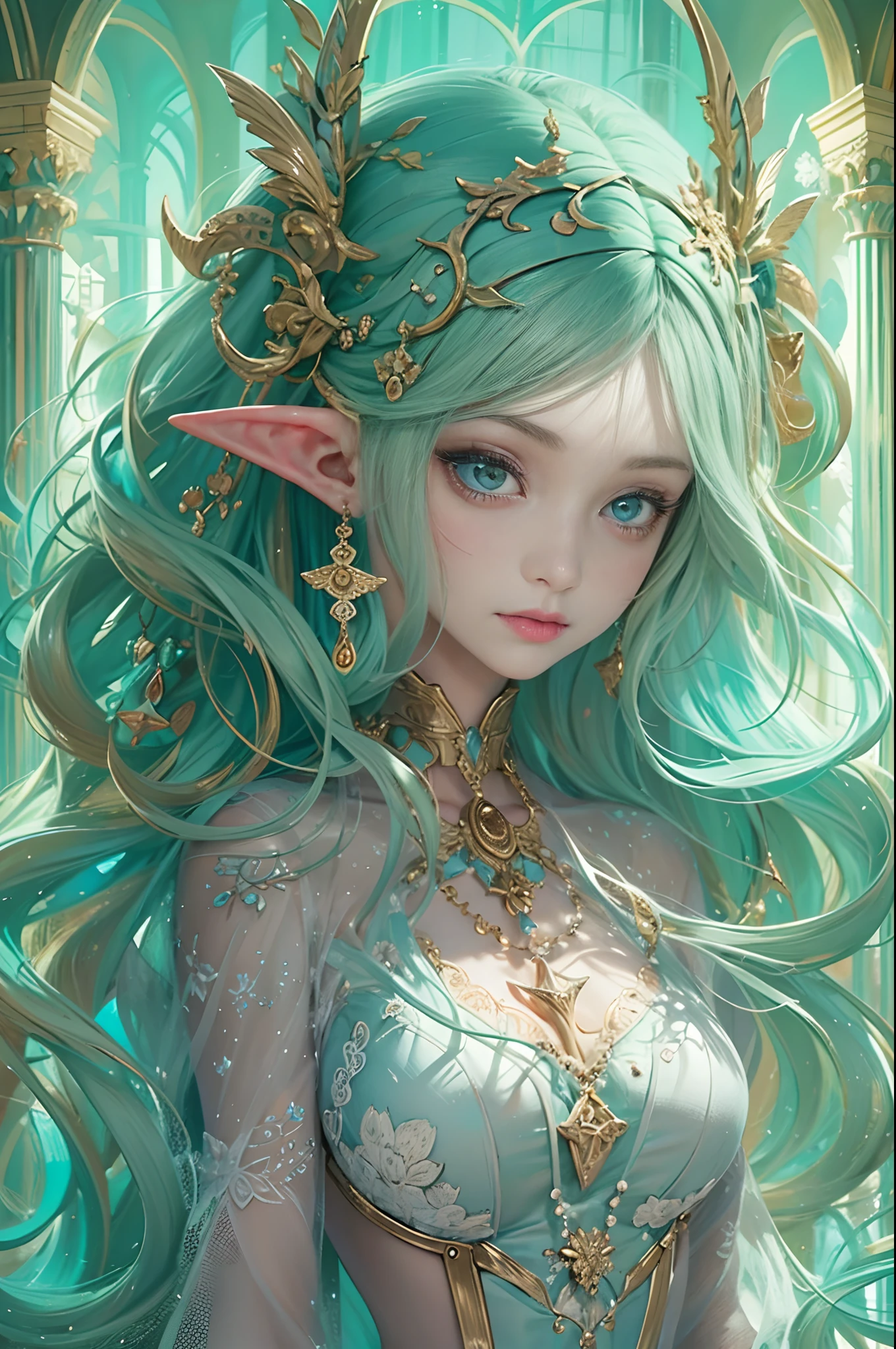 (masterpiece, top quality, best quality, official art, beautiful and aesthetic:1.2), (1 Elf girl), extremely detailed, long shapeless hair, (fractal art:1.3),colorful, cinematic lighting.