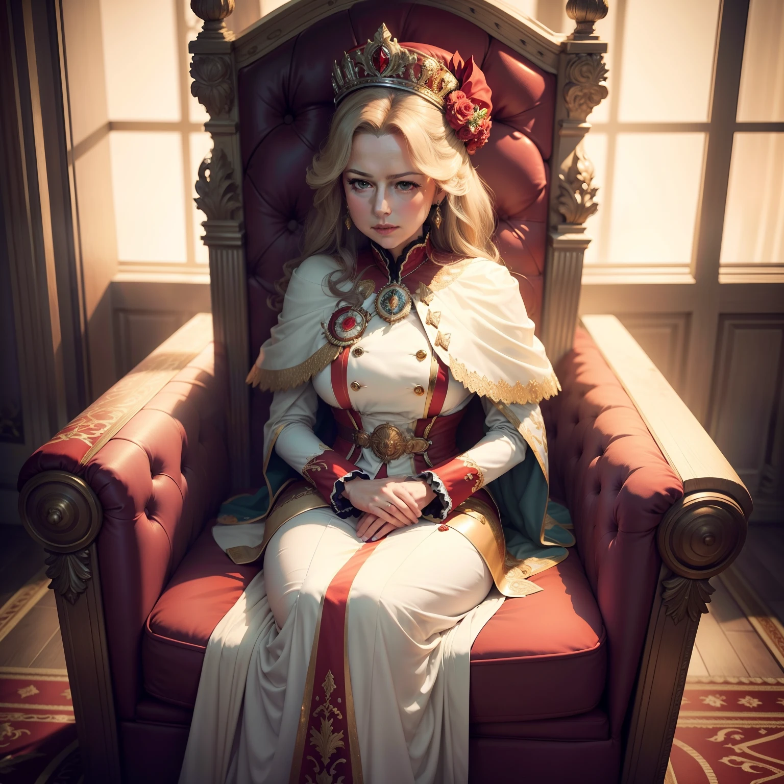 Extremely detailed woman sitting on her throne with reflective diamond details with a dominant pose in front of the stairs, giant and extremely detailed window behind her, with white blacklight, bright blonde hair with bangs, extremely large crown of diamonds, extremely light and bright large blue eyes, freckles, looking down with look of extreme contempt and hatred for the viewer, long, white dress with gold details and red straps, white fuzzy stairs in the middle and red fabric at the ends, with identical gold details in each fold,, extremely strong lighting and shadow on the hair, extremely strong shadow on the face, diamond details,volumetric lighting, unreal render, octane render, perfect face, perfect dress, perfect hands, perfect face, perfect eyes, glamour atmosphere, ray tracing reflections, ray traced, rtx, hdr, sharpen, cinematic, golden hour
