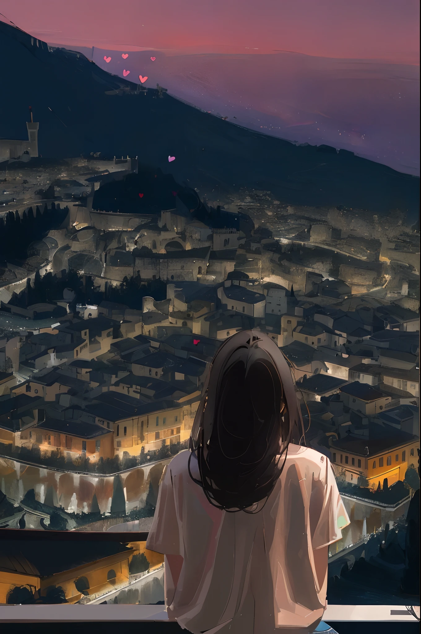 age girl looking at the night view of Italy、You will be overwhelmed by its beauty and super emotional。The glittering night view touched her heart.、Every little detail feels like art.。The scenery is、Deeply impressed by her heart、It will be a memory you will remember for a lifetime.。超A high resolution、8k、16k