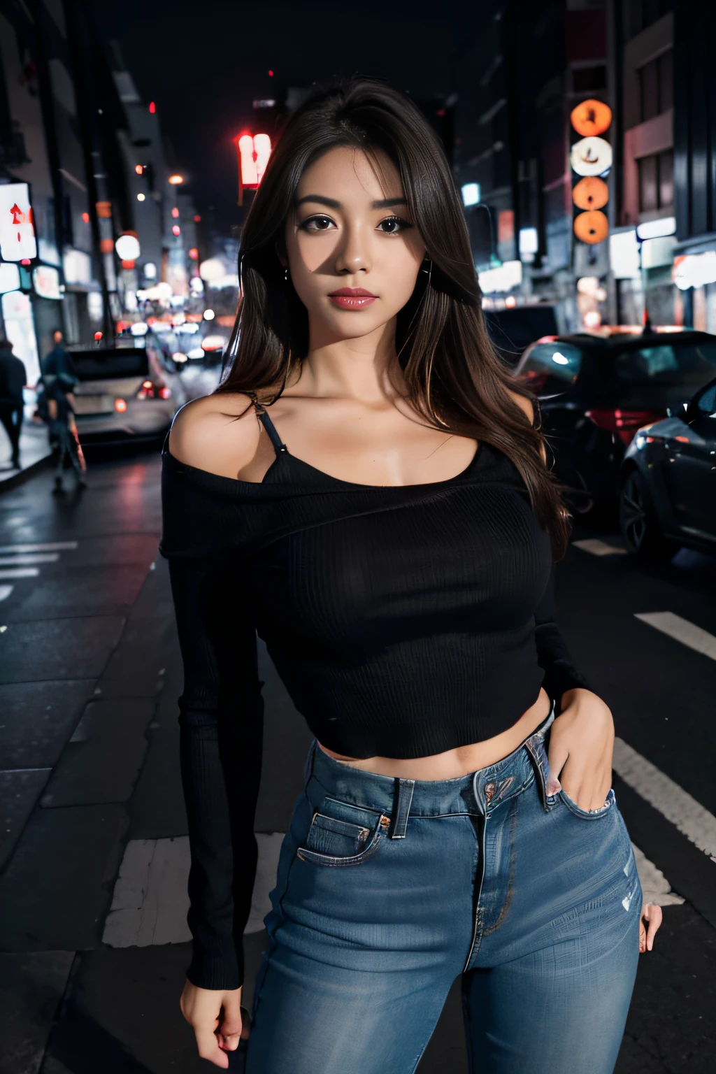 Maintain face image、height: 170cm, 30 years old、Pale face and eyes:1.3、Very narrow face and eyes:1.3, (Swollen eyes:1.5)、{Highest quality}, {{masterpiece}}, {Very delicate and beautiful}, Excellent light and shadow, Highly detailed wallpaper, clear 、1 girl, blush, Short Bob Hair,( Design an outfit consisting of a stylish and modern look. The subject is wearing a black, fitted camisole top with delicate lace trim along the neckline. The top is paired with a high-waisted, pleated gray skirt that falls mid-thigh, creating a chic yet casual appearance. The outfit is accessorized with subtle jewelry, such as hoop earrings, and completed with knee-high socks, adding a touch of youthful fashion. The overall look is contemporary and fashionable, suitable for a night out in the city.),Put your hands behind your head and expose your armpits、Supermodel Legs、High heels)、 Delicate hair, (Realistic skin texture:1.3), Saggy breasts, Cleavage、or noticeable wrinkles on the skin., B cup, Broad shoulders, ((Dynamic model posing)), necklace、ring、earrings、smile、(Front Focus), (In the Dark:1.6), Surrealist female portraits by David Hockney and Alphonse Mucha, Fantasy art, Photorealistic, Dynamic Lighting, Art Station, Poster, Volumetric Lighting, Highly detailed face, 4K, Awards, 1 girl, In the Dark, Deep Shadow, Inconspicuous key, color々angle, color々Performance、(Create a bustling nighttime street scene set in a vibrant city. The background includes dimly lit storefronts with neon signs in various languages, hinting at an international urban environment. The scene is lively with a few people walking by, some engaged in conversations, others going about their business. The overall ambiance is warm and slightly hazy, giving a cozy yet energetic vibe typical of a busy urban night)