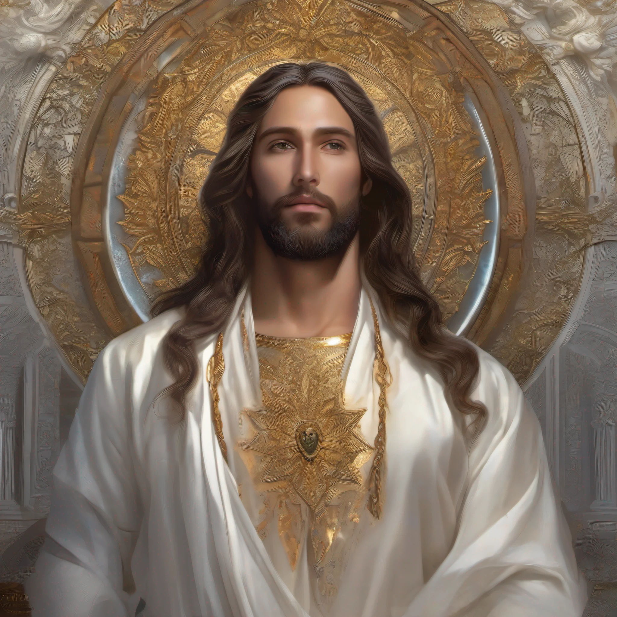 Retrato 8k de Jesus Cristo, with medium beard, (cabelos castanhos escuros e barba), dressed in white and tonic, intrincado, elegante, altamente detalhado, majestoso, fotografia digital, Arte de Artgerm e Ruan Jia e Greg Rutkowski Pintura Surreal (master part, side-lighting, belos olhos finamente detalhados: 1.2 ), HDR,