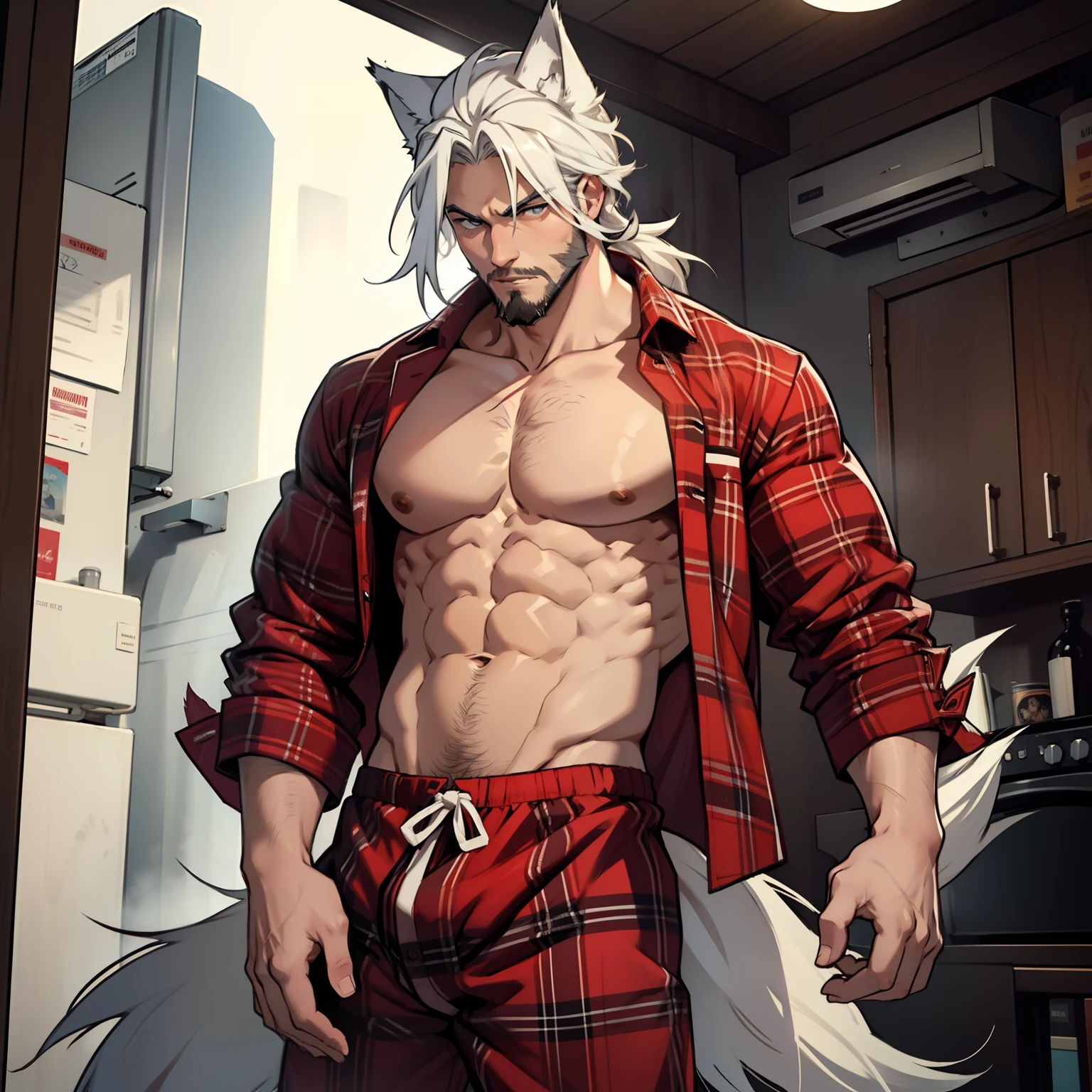 male with short beard, has long flowing white hair, has wolf ears, has wolf tail, shirtless, wearing plaid red pajama pants only, solo, alone