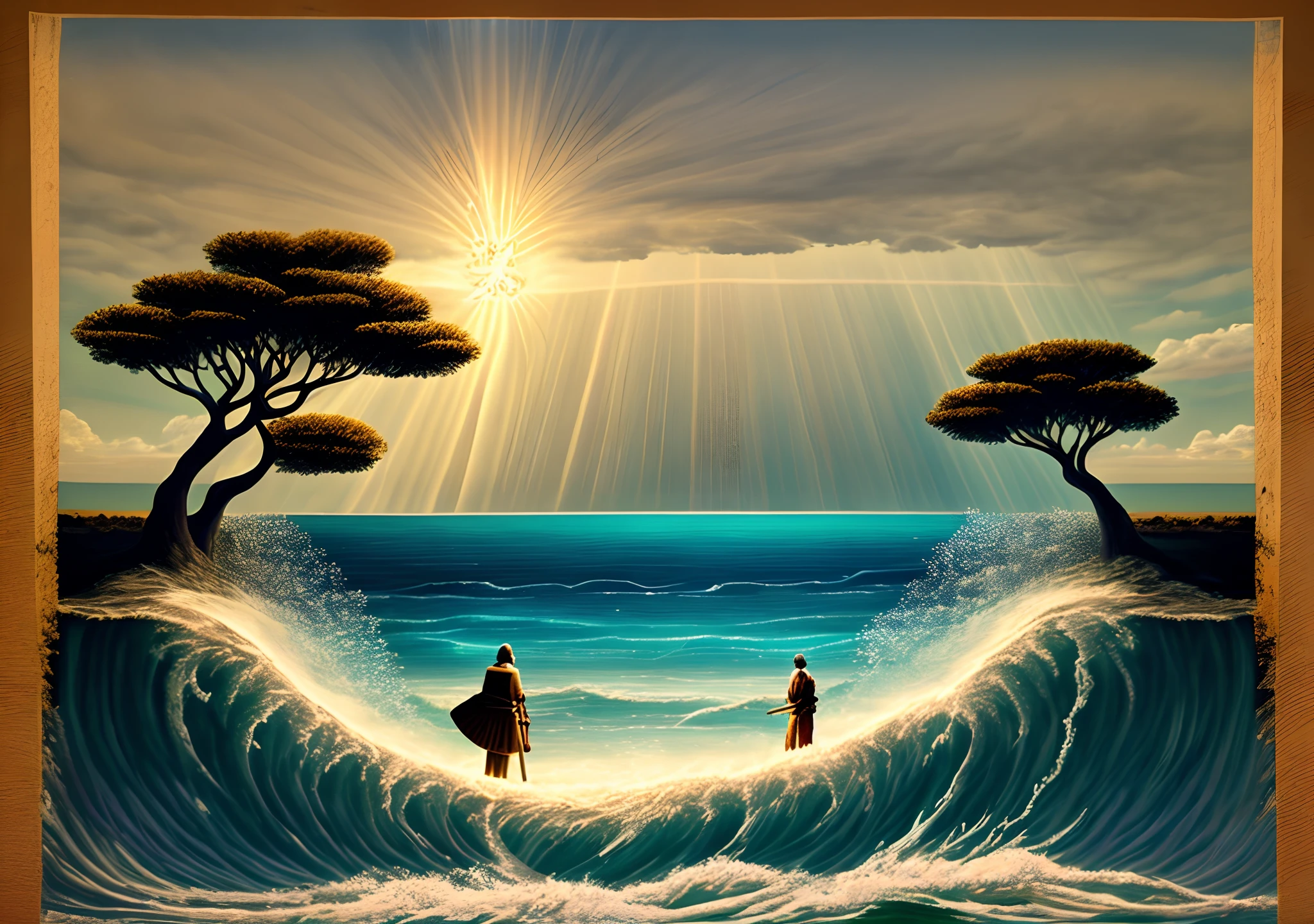 Create a photorealistic scene depicting the biblical account of Noah separating from the sea using a staff. Portraying Noah standing at the water's edge, holding a stick high above his head, enquanto ondas imponentes se separavam de ambos os lados dele. Capture the immense scale and power of water as it forms a dramatic corridor, Showing the forced separation from the sea. Use enlightenment to emphasize the divine nature of the moment, with rays of light breaking through the clouds and casting an ethereal glow. Convey the sense of wonder and reverence that this miraculous event elicits, by highlighting Noah's pivotal role in fulfilling a divine purpose.