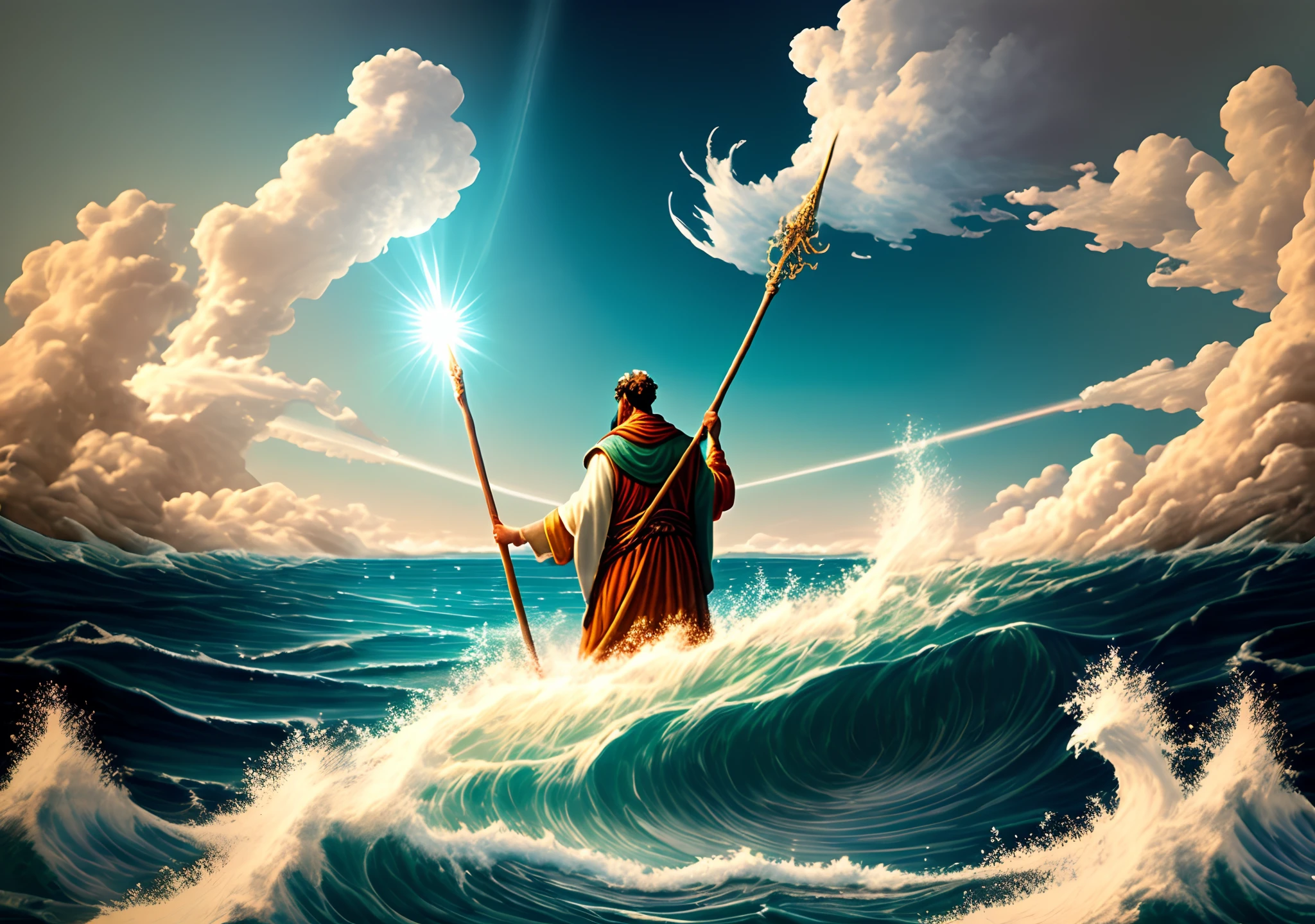 Create a photorealistic scene depicting the biblical account of Noah separating from the sea using a staff. Portraying Noah standing at the water's edge, holding a stick high above his head, enquanto ondas imponentes se separavam de ambos os lados dele. Capture the immense scale and power of water as it forms a dramatic corridor, Showing the forced separation from the sea. Use enlightenment to emphasize the divine nature of the moment, with rays of light breaking through the clouds and casting an ethereal glow. Convey the sense of wonder and reverence that this miraculous event elicits, by highlighting Noah's pivotal role in fulfilling a divine purpose.
