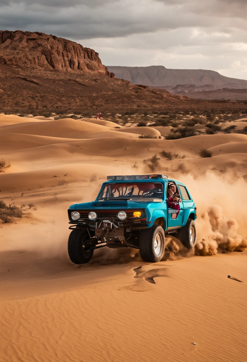 em deserto esteril, ha uma festa com carros esportivos e dinheiro voando e a lua com formato de diamente