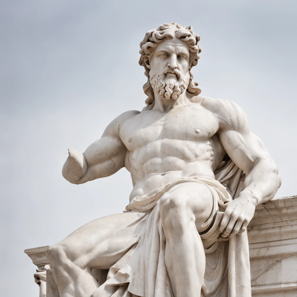 Capture an inspiring photograph of an empowered Greek marble statue resembling a muscular deity, such as Hercules, Zeus, or even Marcus Aurelius and Seneca. The statue should exude strength and wisdom. Set against a backdrop of Greek architectural marvels like majestic columns, the photo should be taken from knee-level, looking upwards. Utilize your creative flair to craft a visually stunning image that harmonizes the timeless power of ancient sculptures with a sense of empowerment and wisdom.