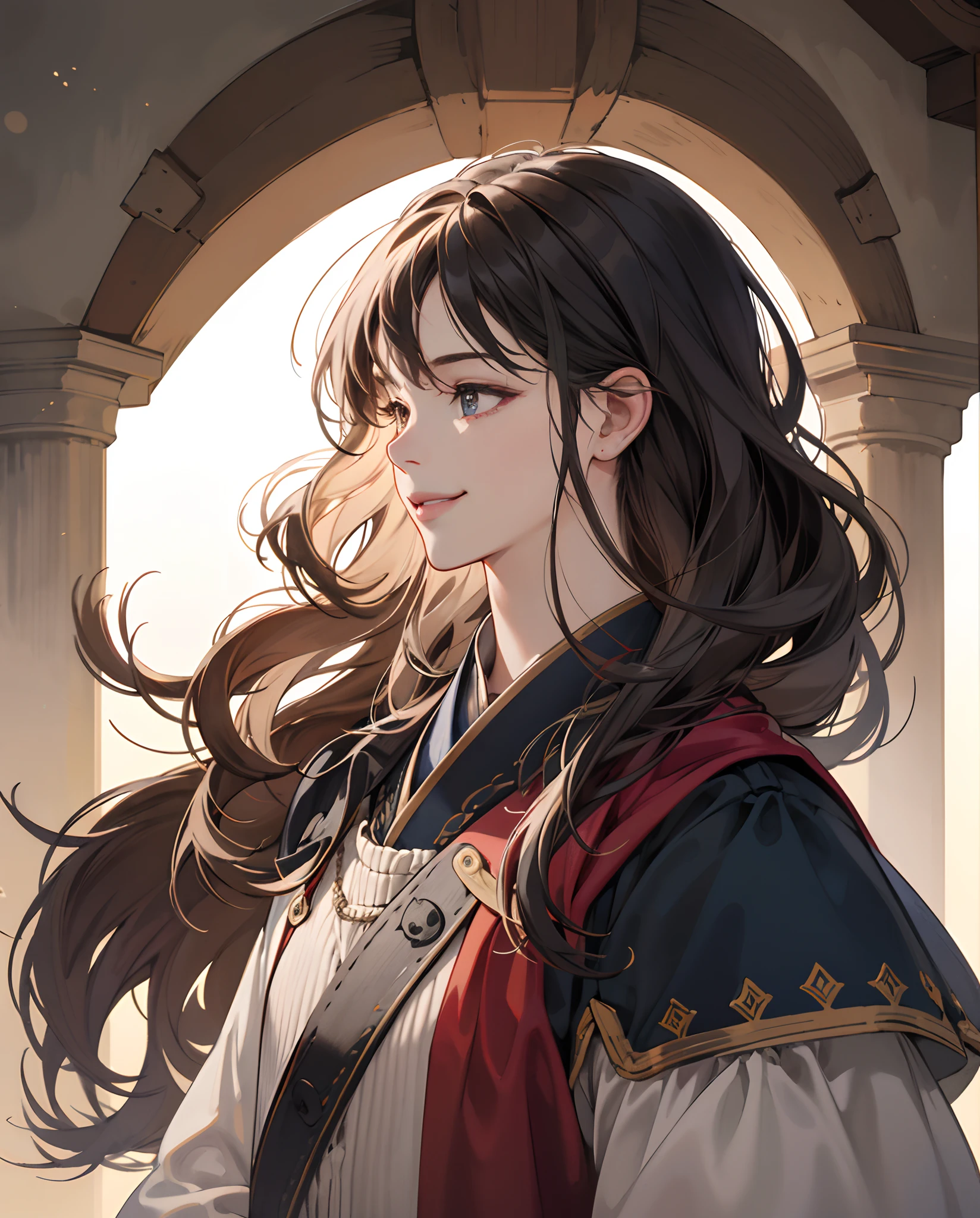 High quality, masterpiece, super detailed, clear emotions, manga style, girl in profile, half body, smile, waved hair medieval