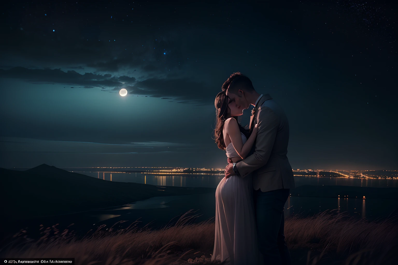 "Foto RAW, Melhor,master part, best quality, alta qualidade, extremamente detalhado,A fantastic photograph of a couple embracing in the moonlight, The landscape is dreamlike, with amazing views, hyper-realistic, detalhes intrincados, altamente detalhado, Film style, award-winning photography"