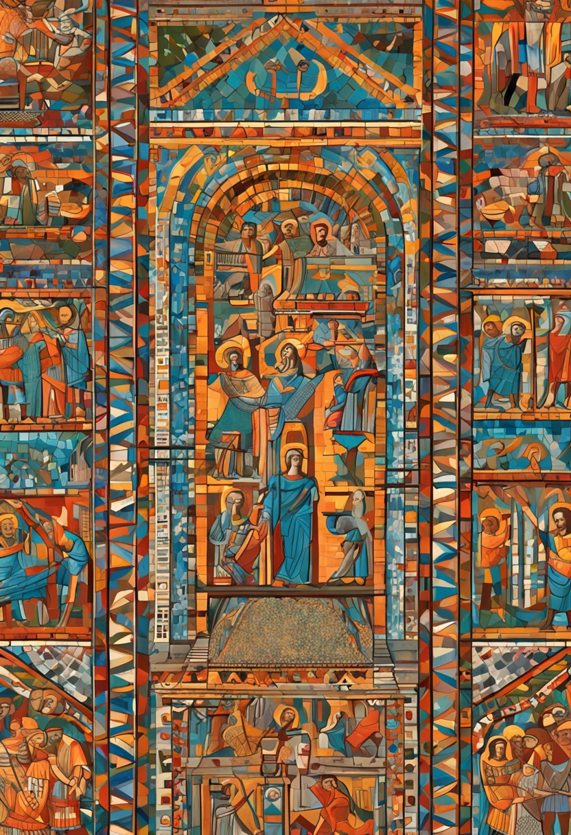 Homer's thematic Iliad, Trojan, Mosaico bizantino feito com tesserae colorido, alto contraste, no estilo dos mosaicos de San Vitale