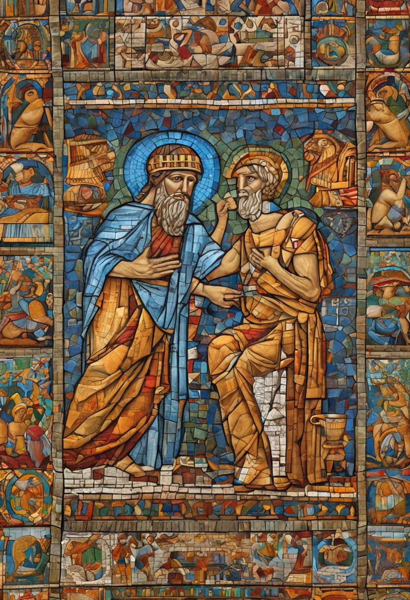 Homer's thematic Iliad, Trojan, Mosaico bizantino feito com tesserae colorido, alto contraste, no estilo dos mosaicos de San Vitale