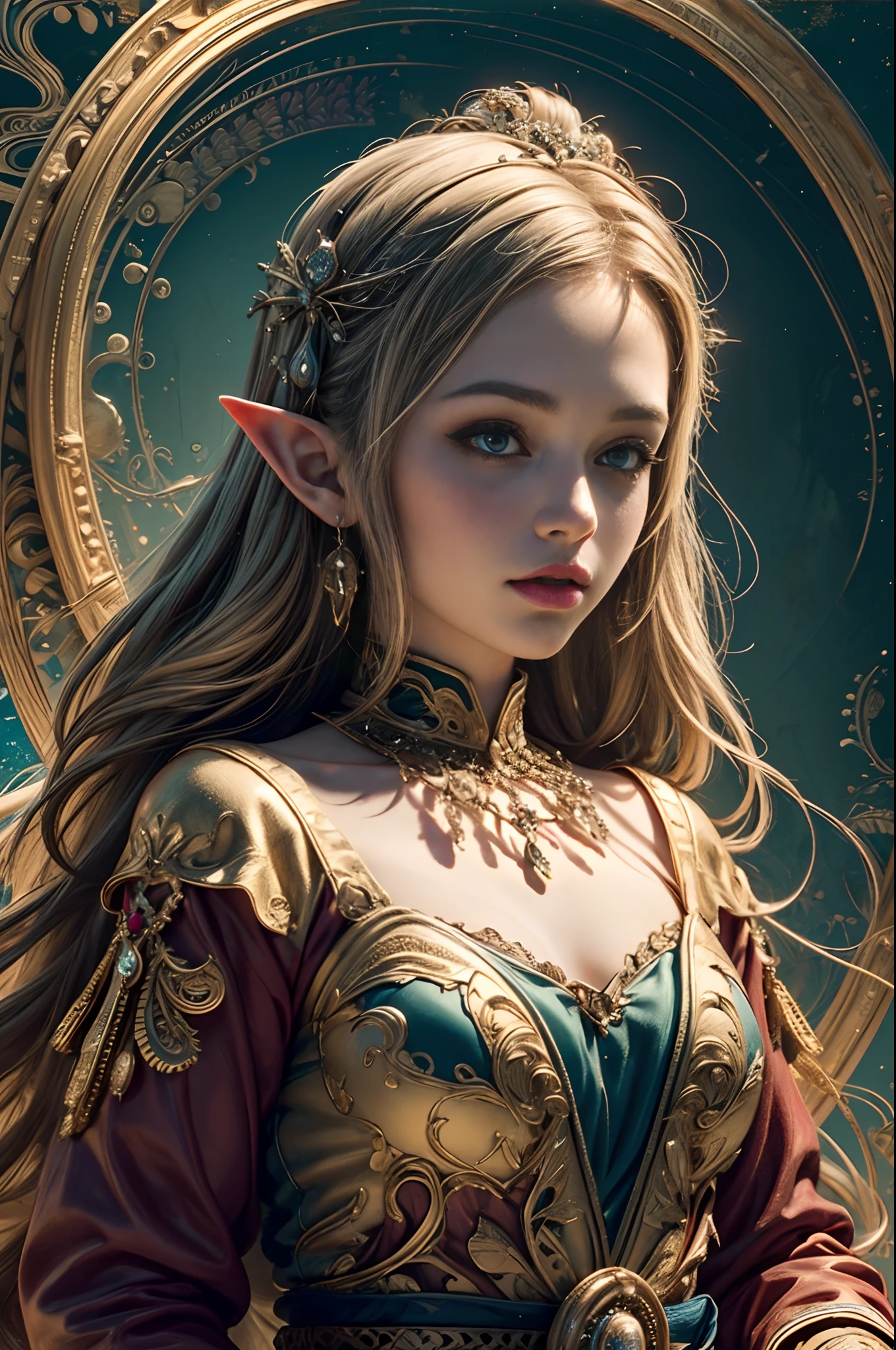young anime elven princess in a long sexy fantasy leather dress and a skirt with sapphire accessories, long curly blonde hair with a shiny silver tiara and darkblue saphires, dark blue eyes, pointy elven ears, holding a silver metallic battlehammer in her right hand, saphire accessories, holy light is covering her from the background, high resolution, 4k, detailed eyes