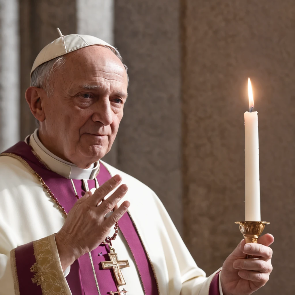 (Professional 3D rendering:1.3) de (Realistic:1.3) (Professional 3D rendering:1.3) de (Realistic:1.3) Papa francisco, in prayer at the Vatican, Your hands together, Face in lush cinematic lighting, o interior da igreja adornado com flores rosas, offering a sense of warmth and comfort, cena retratada com extremo realismo