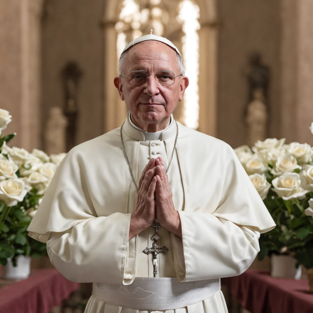 (Professional 3D rendering:1.3) de (Realistic:1.3) (Professional 3D rendering:1.3) de (Realistic:1.3) Papa francisco, in prayer at the Vatican, Your hands together, Face in lush cinematic lighting, o interior da igreja adornado com flores rosas, offering a sense of warmth and comfort, cena retratada com extremo realismo