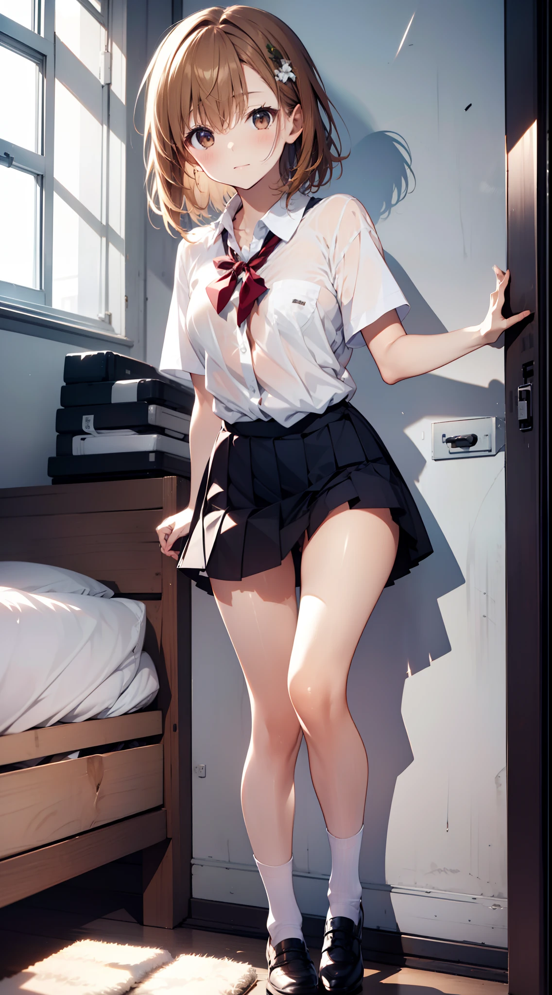 masterpiece, best qualtiy, Misaka_mikoto, brown-eyed, Short_hair, Small_Breast, looking at the viewers, 独奏, Closed_Mouth, collars_Shirt, School_uniform, Shirts, White the_Shirt, , crass room fullllbody a miniskirt