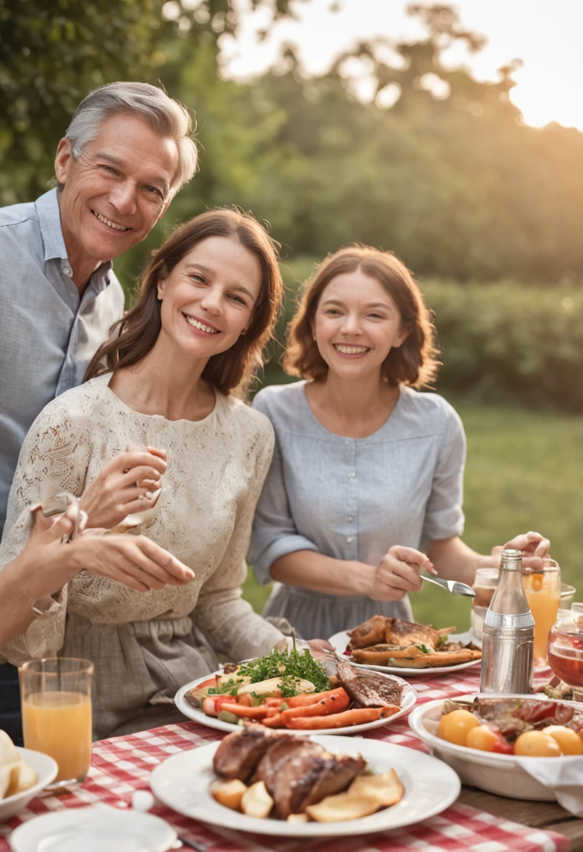 Create a heartwarming scene featuring a happy family gathered around a barbecue grill on a sunny day. Describe a picturesque setting where family members are enjoying a delightful outdoor meal together. Highlight the smiles, interactions, and relaxed atmosphere as they grill and share moments. Portray the sunlight casting a warm glow, and the aromas of sizzling food filling the air. Consider the composition, colors, and expressions that will capture the joy and togetherness of this special family moment.