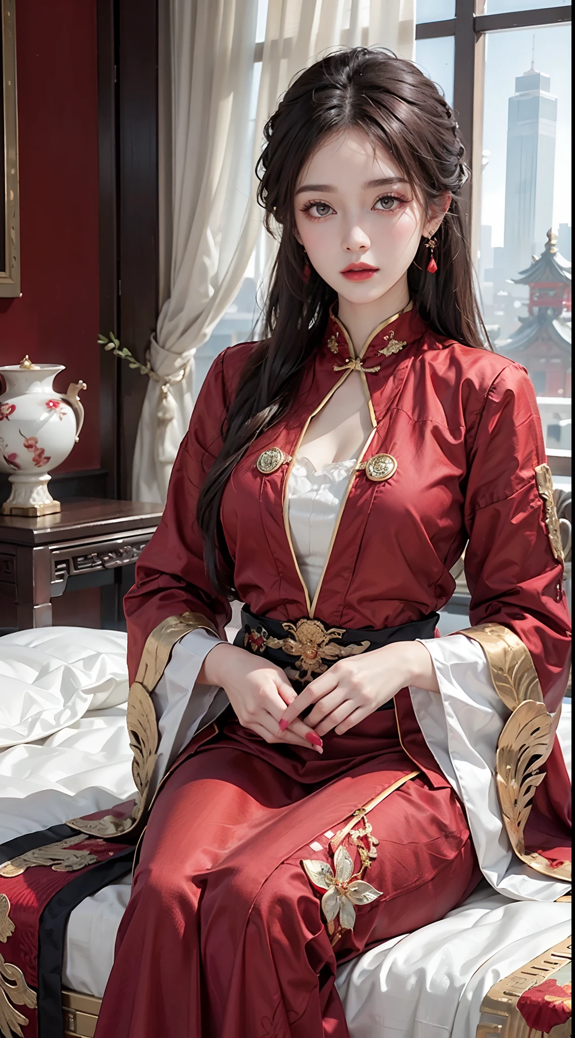 (Ultra-realistic 8k CG: 1.2), perfect artwork, delicate patterns, intricate details, (unparalleled masterpiece, best quality: 1.2), (extremely complex: 1.2), a woman in a red and gold dress, (sitting on a red bed), hips up, makeup, blush, shyness, black hair, looking down, cosmetics, (forehead point), (2 red candles), Chinese_clothes, curtains, earrings,hanfu, interior, jewelry, red nails, long_sleeves, red dress, red lips, tassels, (red quilt), (red palace: 1.2), (ancient Chinese architecture), (red: 1.8), night