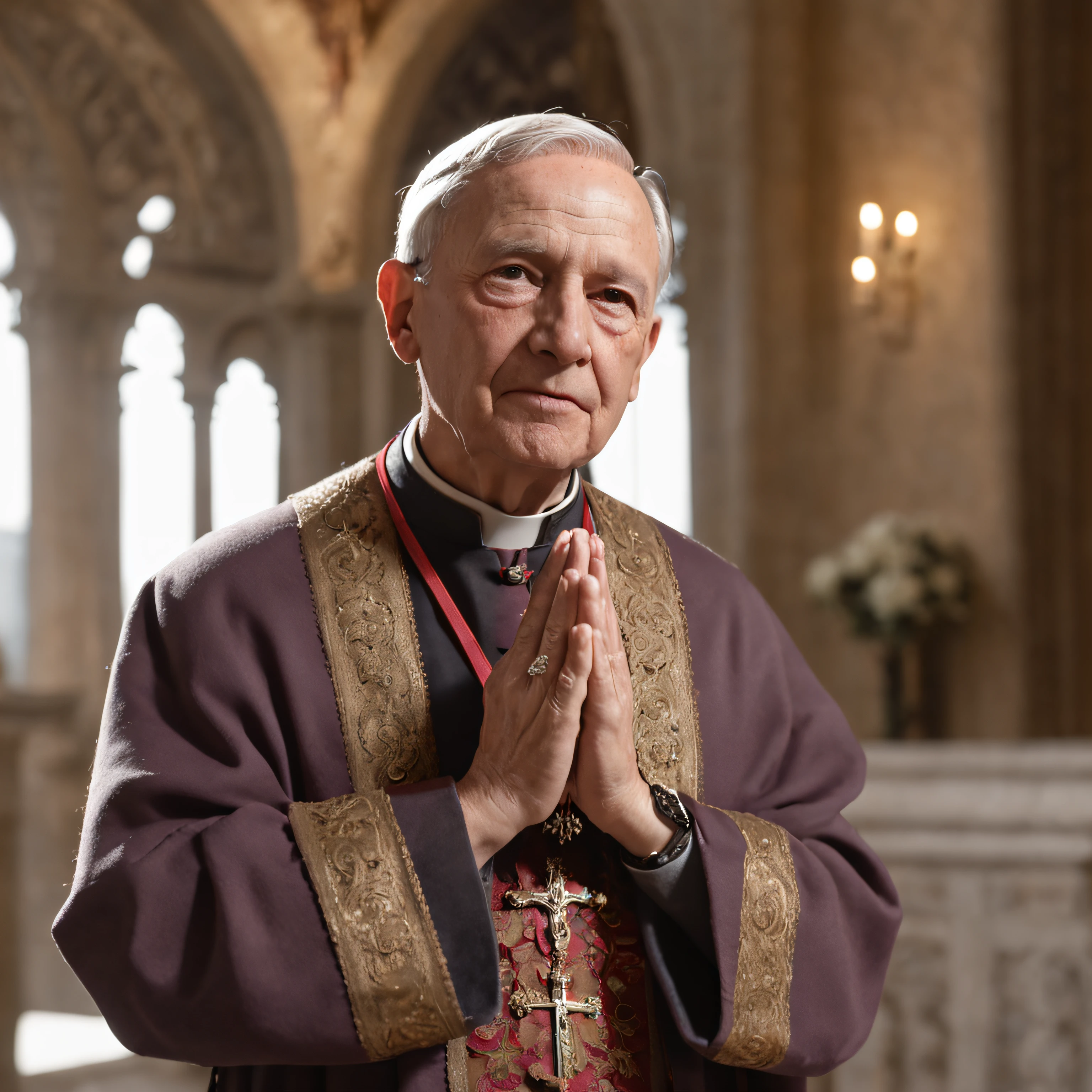 (Professional 3D rendering:1.3) de (Realistic:1.3) (Professional 3D rendering:1.3) de (Realistic:1.3) Papa Francisco, in prayer at the Vatican, Your hands together, Face in lush cinematic lighting, o interior da igreja adornado com rosas, offering a sense of warmth and comfort, cena retratada com extremo realismo