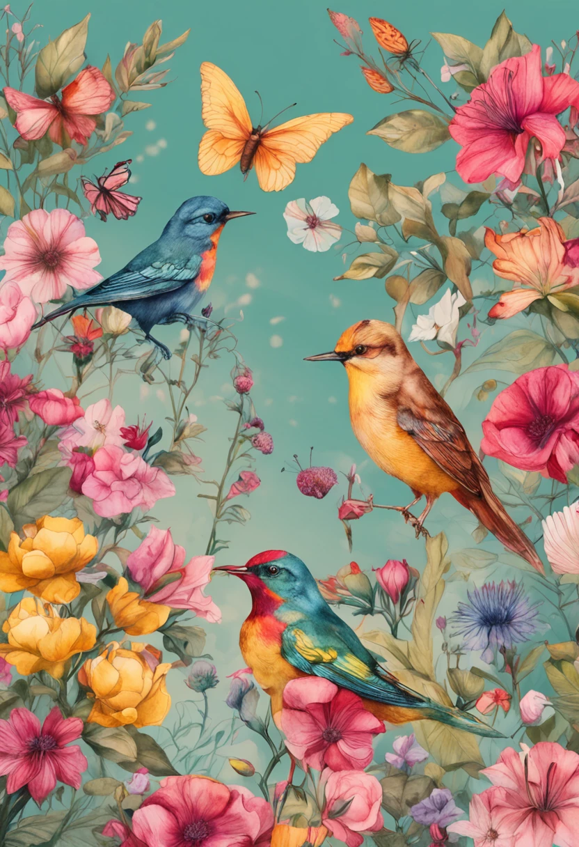 A watercolor of a flowering garden with birds and butterflies. The main colors are pink, vermelho, amarelo e verde