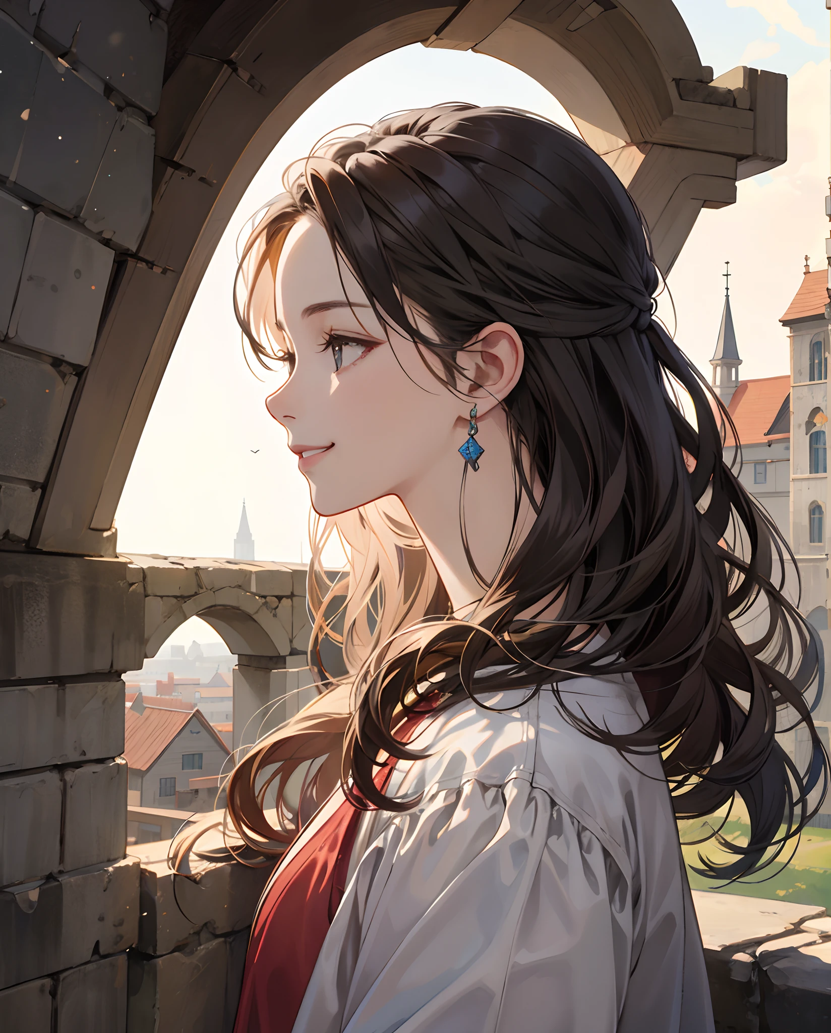 High quality, masterpiece, super detailed, clear emotions, manga style, girl in profile, half body, smile, waved hair medieval