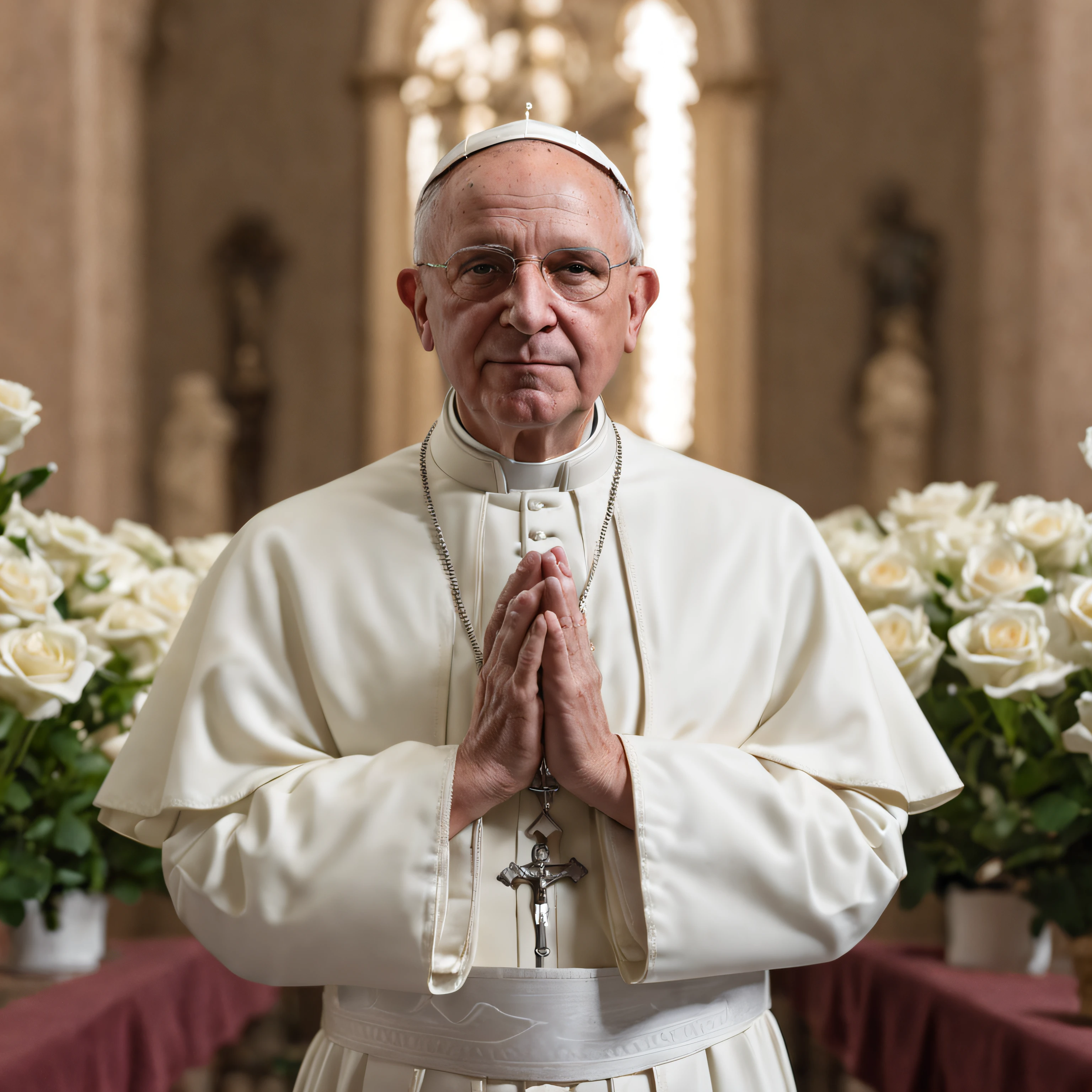 (Professional 3D rendering:1.3) de (Realistic:1.3) (Professional 3D rendering:1.3) de (Realistic:1.3) Papa francisco, in prayer at the Vatican, Your hands together, Face in lush cinematic lighting, o interior da igreja adornado com flores rosas, offering a sense of warmth and comfort, cena retratada com extremo realismo