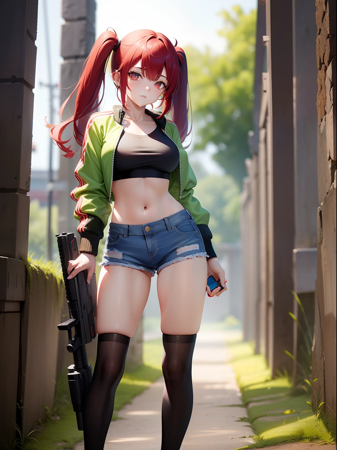 Female asian Irina Shidou red hair twintails, in ancient Mayan ruins, wearing a bomber jacket and crop top and denim shorts, laser rifle in right hand, lonely, ray tracing, reflection light, depth of field, full body shot, masterpiece, best quality, high details, high quality, ccurate, textured skin, UHD