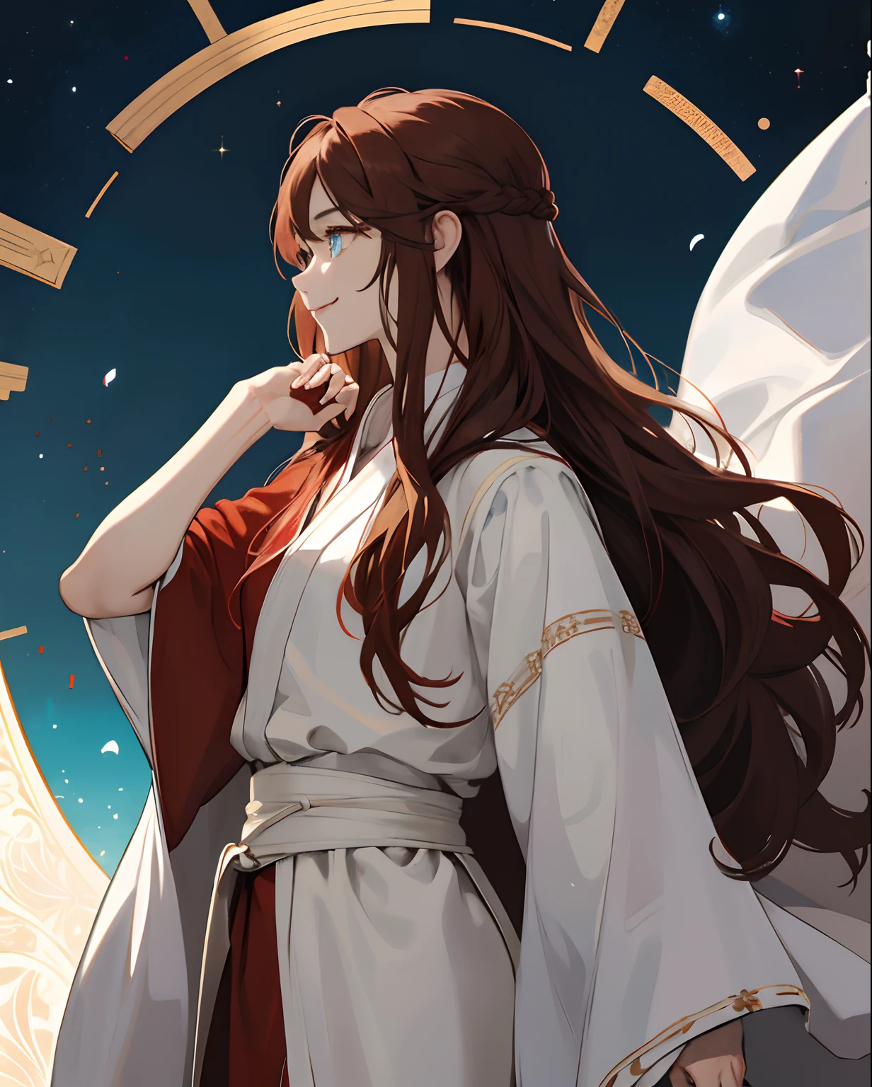 hiquality, Masterpiece, Super detailed, Pure emotions, Manga style, Girl in profile, Half-body, Smile, Curled brown long hair, Cyan eyes, medieval, The white robe of the holy knight, red robe, Picturesqueness, Clarity