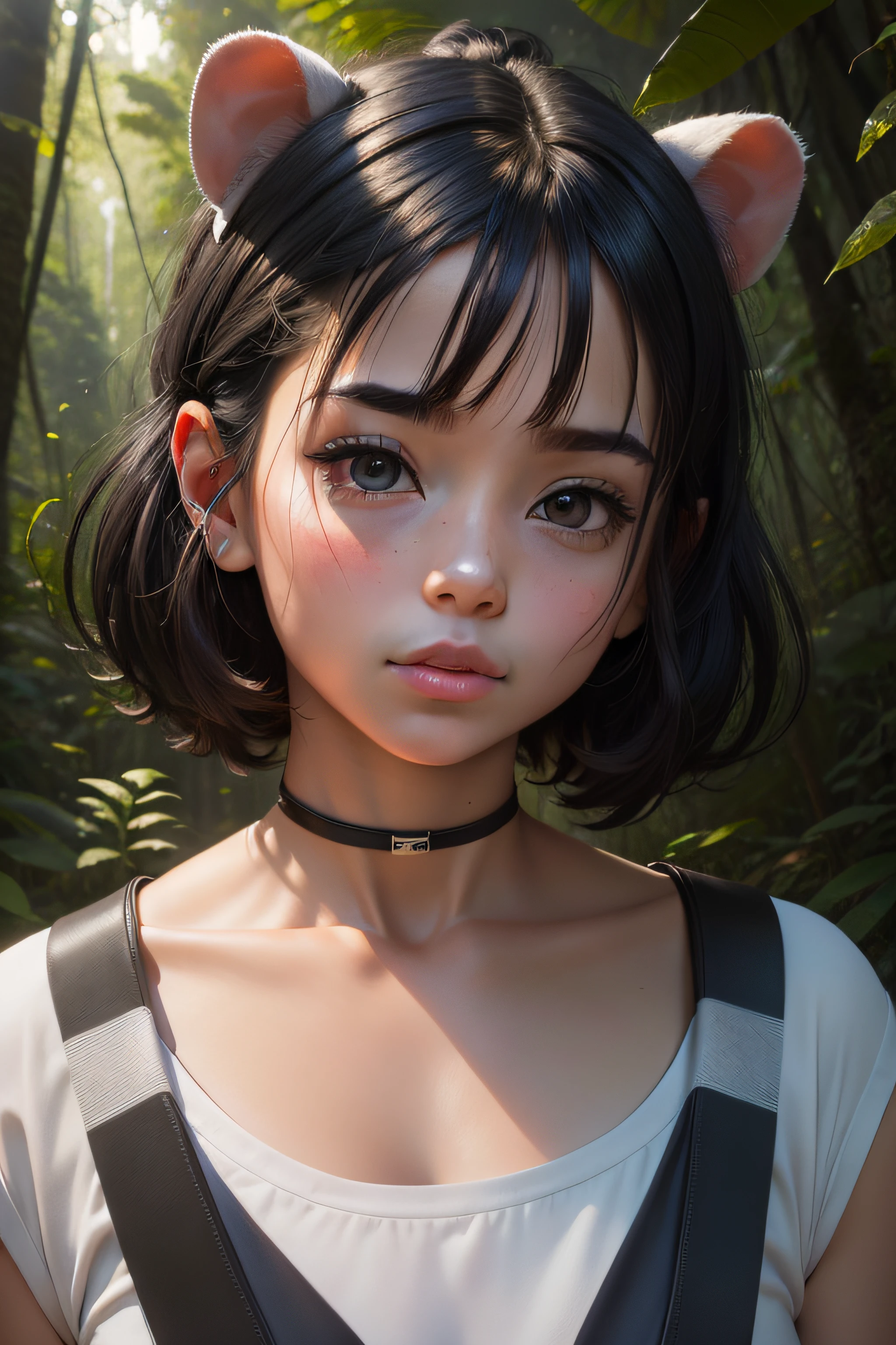 Portrait of a human a younger sister like a hamster called Pandaro black hair and white lines under the neck , up close, 8k high quality , forest background in the jungle