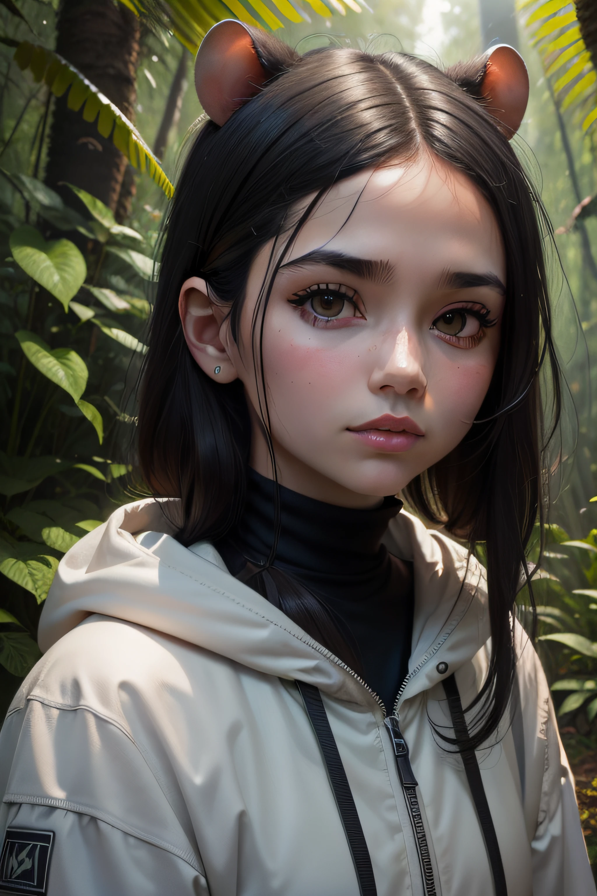 Portrait of a human a younger sister like a hamster called Pandaro black hair and white lines under the neck , up close, 8k high quality , forest background in the jungle
