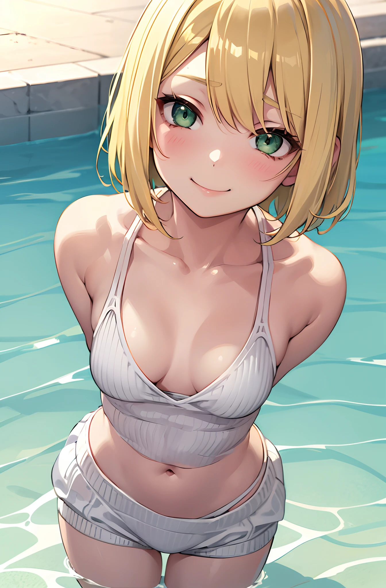 beautiful girl shy body posing, blonde hair, short hair, cute face, sad smile features, green eyes, perspective below, swimming suit, Open back clothes, long sweater,