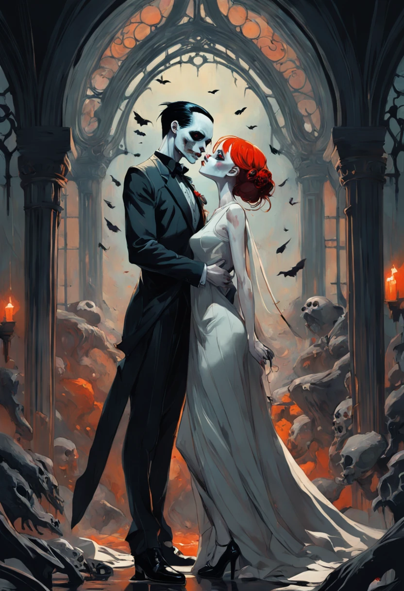Wedding. Couple. Kissing. Dark. In the style of Adrian Ghenie, Esao Andrews, Jenny Saville, Edward Hopper, surrealism, Dark Art par James Jean, Takato Yamamoto, Minimalisme inkpunk. Dans le style Tim Burton. Dans le style Addams Family. Gothic. Dans le style de Guweiz. Dans le style de Shadbase. Dans le style de Shadman.