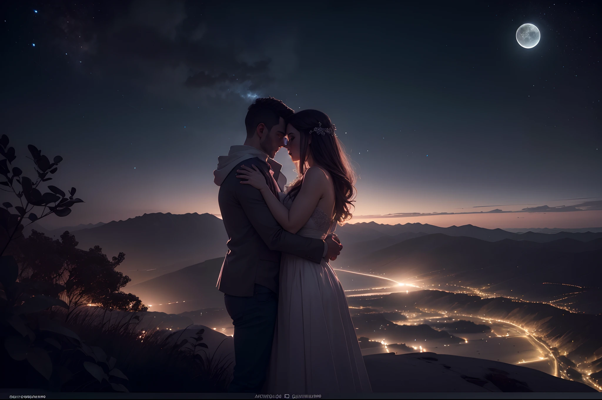 "Foto RAW, Melhor,master part, best quality, alta qualidade, extremamente detalhado,A fantastic photograph of a couple embracing in the moonlight, The landscape is dreamlike, with amazing views, hyper-realistic, detalhes intrincados, altamente detalhado, Estilo de filme, award-winning photography"