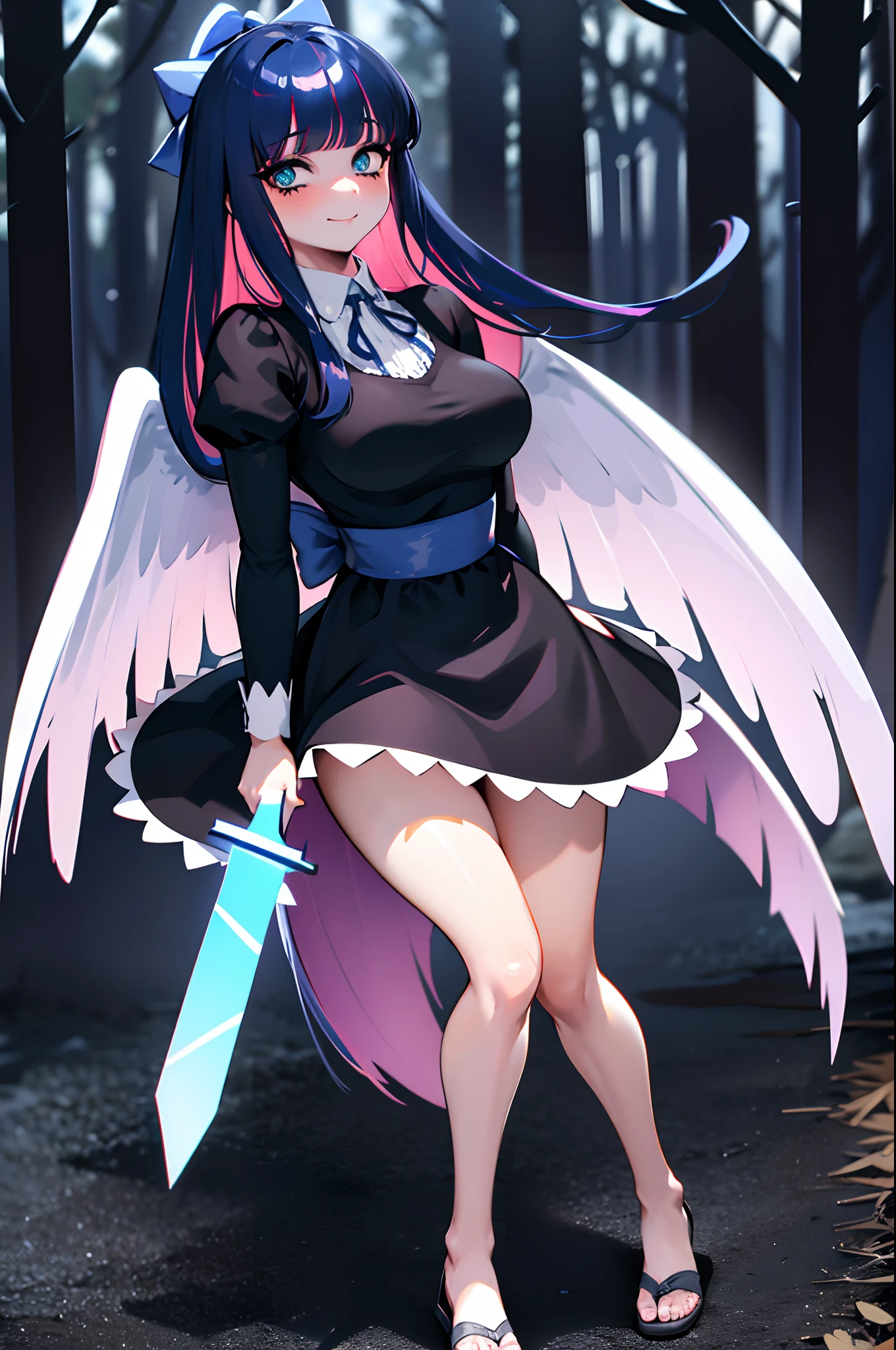 (masterpiece, best quality:1.2), stockingpsg, looking at viewer, blush, large breasts, castle, thighhighs, long sleeves, depth of field, ribbon, hair bow,smile ,, blunt bangs, nail polish, black dress, aqua eyes, blue bow, blue nails, arm behind back, :q, dynamic camera, cinematic camera, head tilt, chromatic aberration, specular lighting, angel wings, halo, long skirt, large skirt, fullbody, flipflops, walking, village, forest, holding (sword),