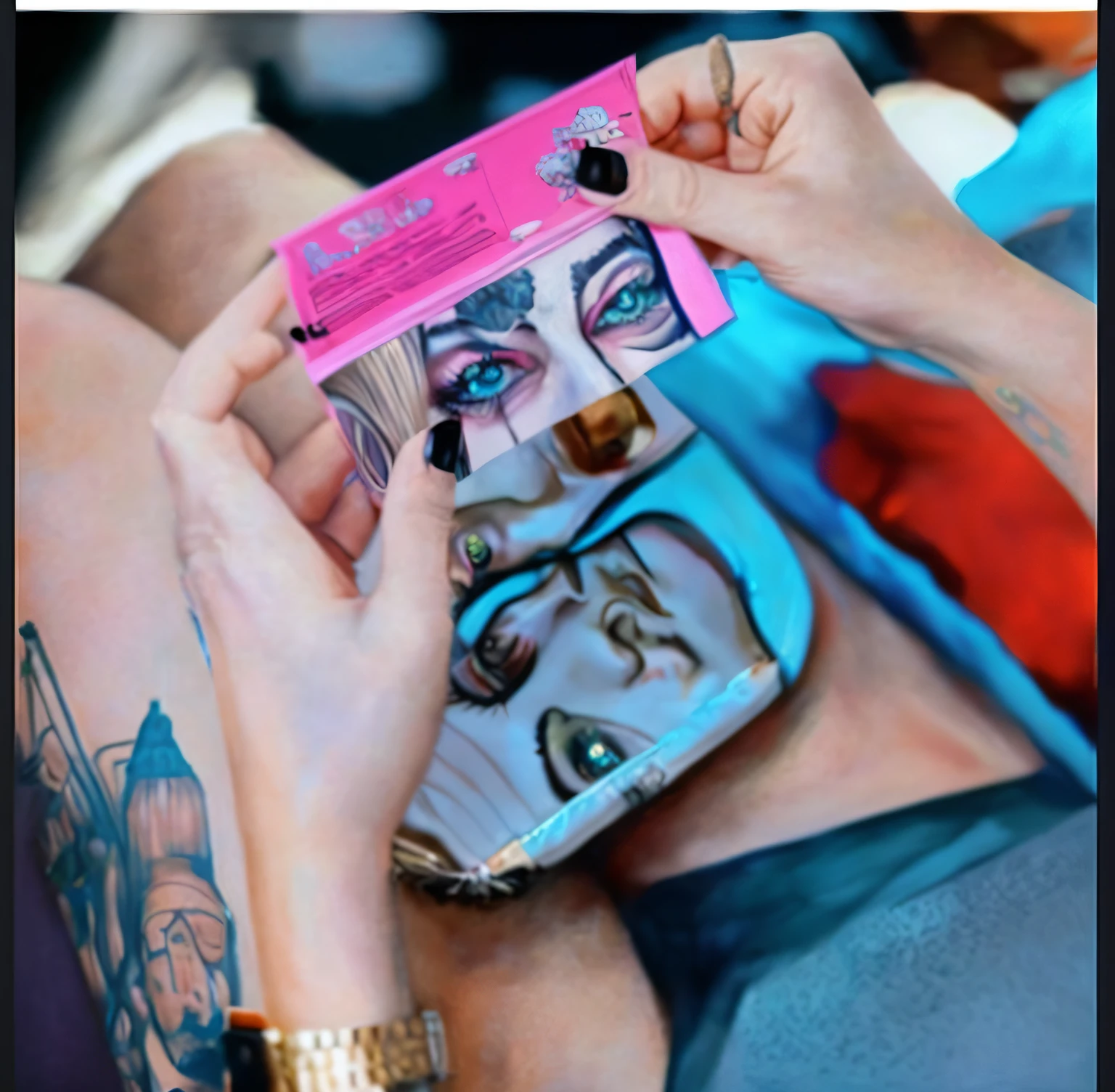Someone is holding a pink bag with a picture of a woman's face in it, inspirado em Sandra Chevrier, arte pop visual, Rosto com ArtGram, olhar dos desenhos animados, Juxtapoz Aesthetics, Arte Digital. @mariomaniacdude, Juxtapoz, tristan eaton, cara cheia, toiletpaper magazine, Nielly, olhar bonito, tatuagem do rosto do neon