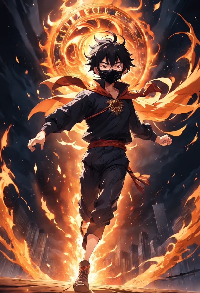 (best quality)), ((masterpiece)), (detailed), male thief, masked, dark clothes, running fast, escaping through the solar fiery portal of the sun