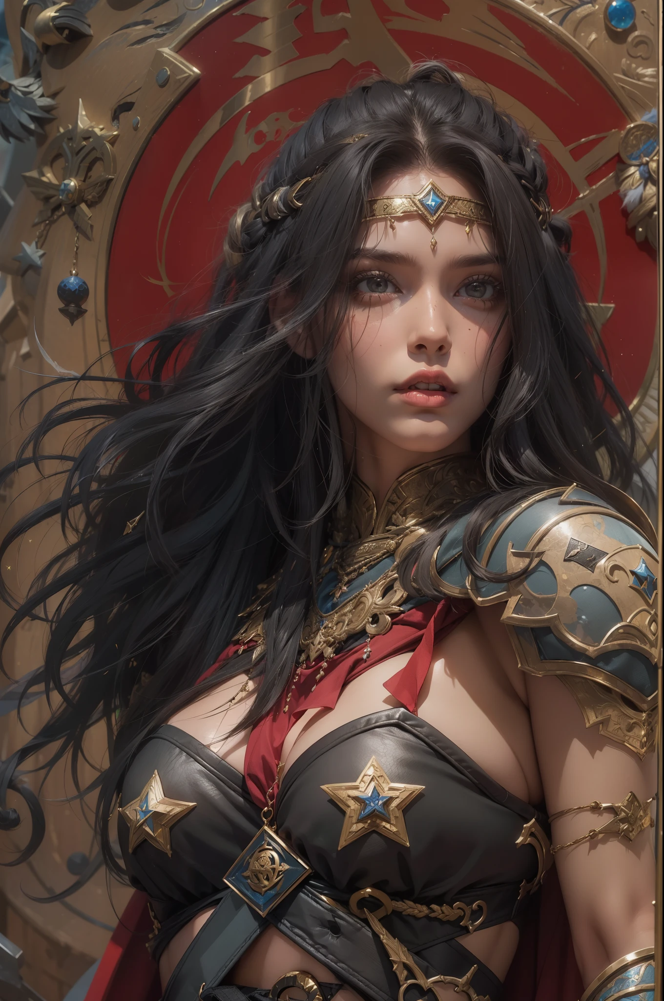 (((mulher))), (((melhor qualidade))), (((obra prima))), (((adulto))), ((( Vision from the waist up ))), Uma mulher guerreira gladiadora Barbara loira, of 30 years with athletic body, Post Apocalypse, Armadura moderna, capuz, Half-moon symbols and gold stars on clothing, Arabic symbols, muitas joias, (((sozinho))), (((1girl))) , Gladiadores do Brooklyn, quase nua no estilo selvagem urbano de Simon Bisley para a capa da revista Heavy Metal, cabelos moicanos, pose sensual, tiny leather panties, Minimum clothing, black and red arabesque pattern, armadura, cheio de pontas e estrelas, (((da cintura pra cima))), cabelo colorido, 8k
