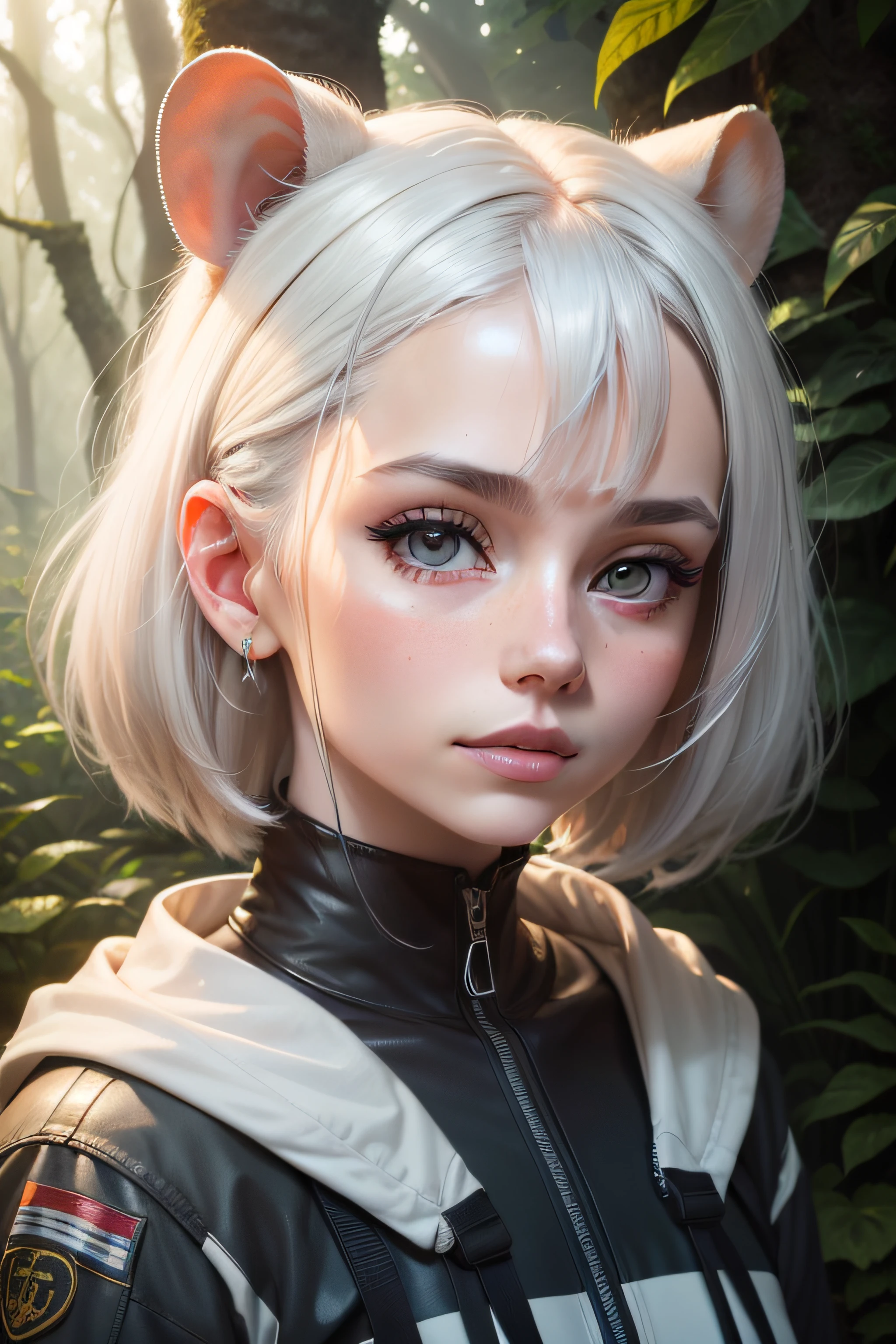 Portrait of a human a like hamster called older sister Luna grey hair and white lines under the neck , up close, 8k high quality , forest background in the jungle