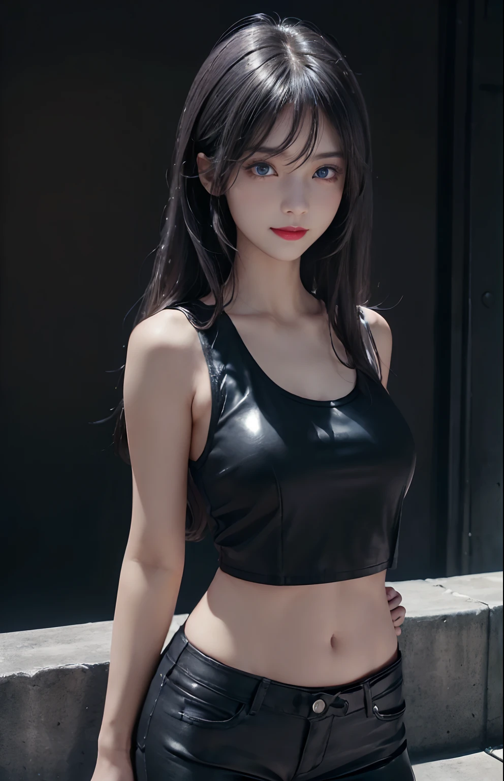 Face Focus、(A hyper-realistic)、(illustratio)、(hight resolution)、(8K)、Real Photographic:1.37,(ighly detailed)、(Best Illustration)、(beautifully detailed eyes)、(top-quality)、(ultra-detailliert)、(masterpiece)、(8k wallpaper)、(A detailed face)、(独奏)、1 Japan Girl、18year old、Looking at Viewer、Perfect Anatomy Blue Eyes、Red Lip、accessorized、fine detailed、(in the darkness nigth、deep-shadows)、lowkey、pureerosfaceace_v1、a smile:1.1、Black semi-long straight hair、(bangss:1.4)、Black riders jacket,gray Tank top、Black leather hot pants、Angle Photos、Upper Body Photo、Dark background、Black theme