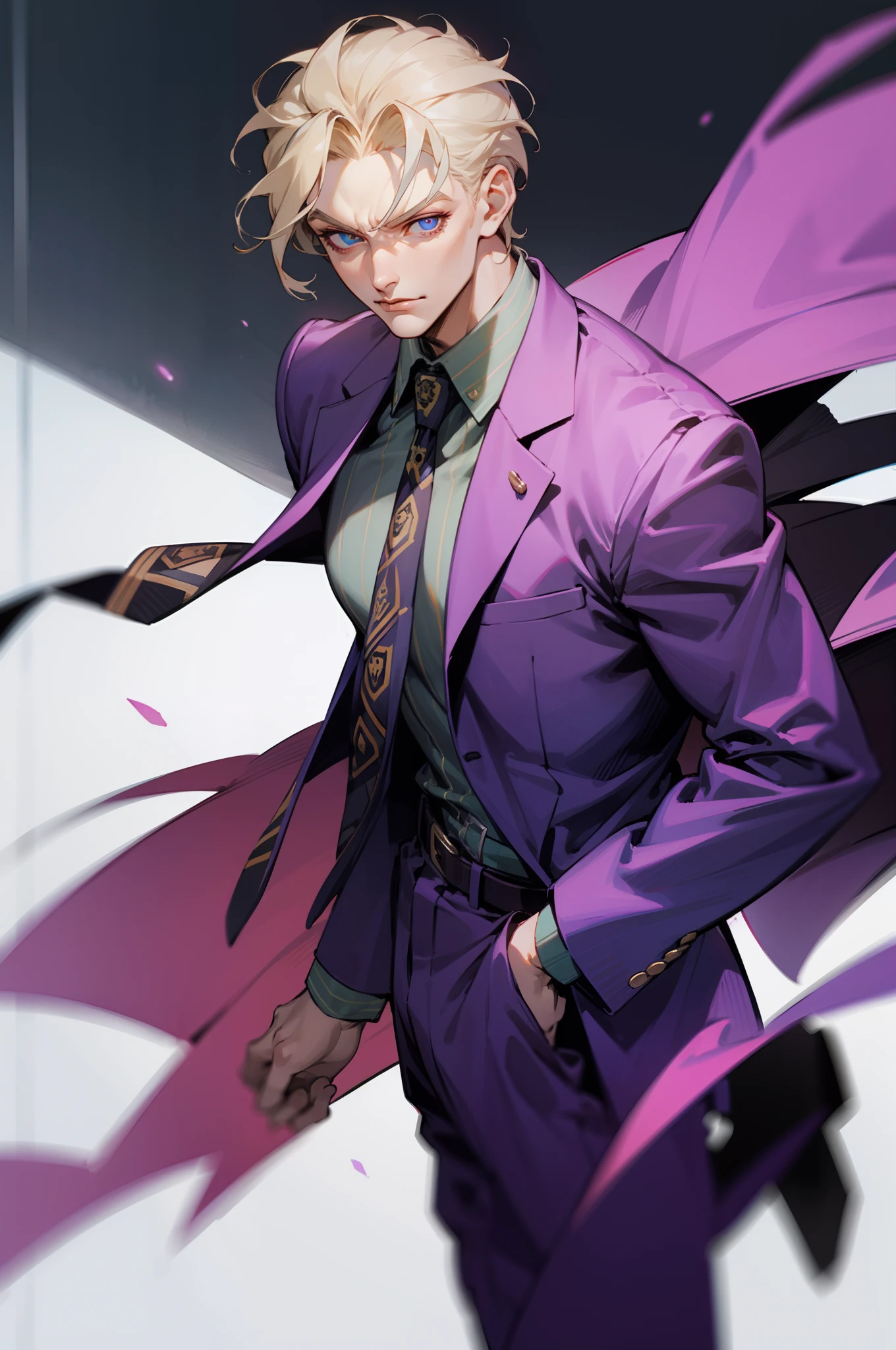 kirayoshikage, kira yoshikage, 1boy, blonde hair, short hair, mature male, cheekbones, purple eyes, BREAK belt, formal, necktie, shoes, suit,, BREAK looking at viewer, BREAK outdoors, park, BREAK (masterpiece:1.2), best quality, high resolution, unity 8k wallpaper, (illustration:0.8), (beautiful detailed eyes:1.6), extremely detailed face, perfect lighting, extremely detailed CG, (perfect hands, perfect anatomy), evil smirk