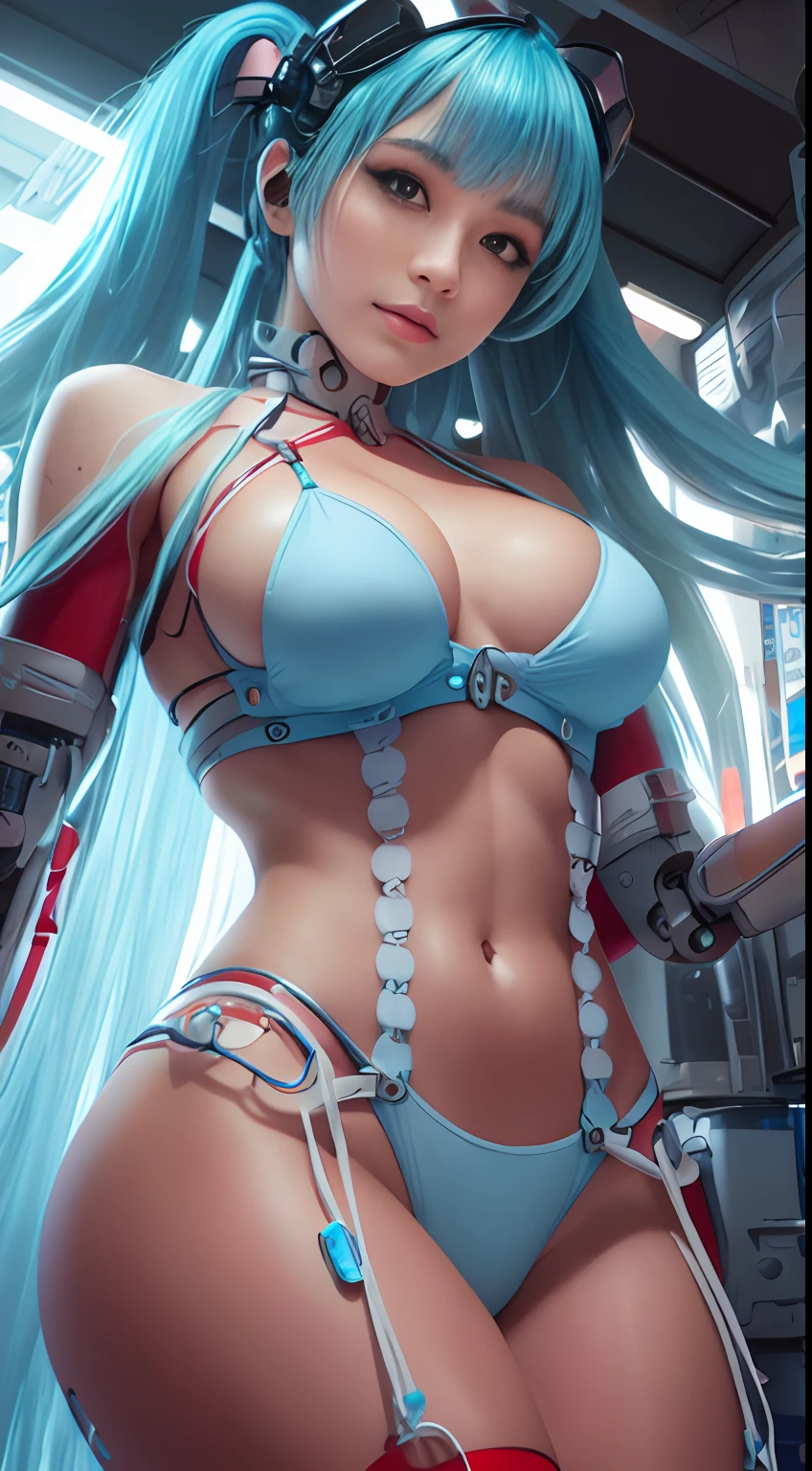 Beautiful Face,face is Japan, 1 Woman, Big, Curvaceous, (16k, RAW photo, top quality, masterpiece: 1.2), (HDR, Realistic, Photorealistic: 1.37) (tube attached to the body), (Bikini Cyborg robot parts)))), (light blue hair), Long hair, Wavy hair, Twin tails, Medium shot, ( Seductive smile)), (black eyes), double eyelids, princess cut, from below, (whole body),posing,,in the lab,( tube connected to blood vessel),((mechanical vertebrae attached to the back)),((mechanical neck attached to the neck)),(wire and cable attached to head and body),(character focus),science fiction,perfect female figure,perfect anatomy, hyperanatomy, full body shot, relationship between up to 4 fingers and 1 thumb, spherical joint,