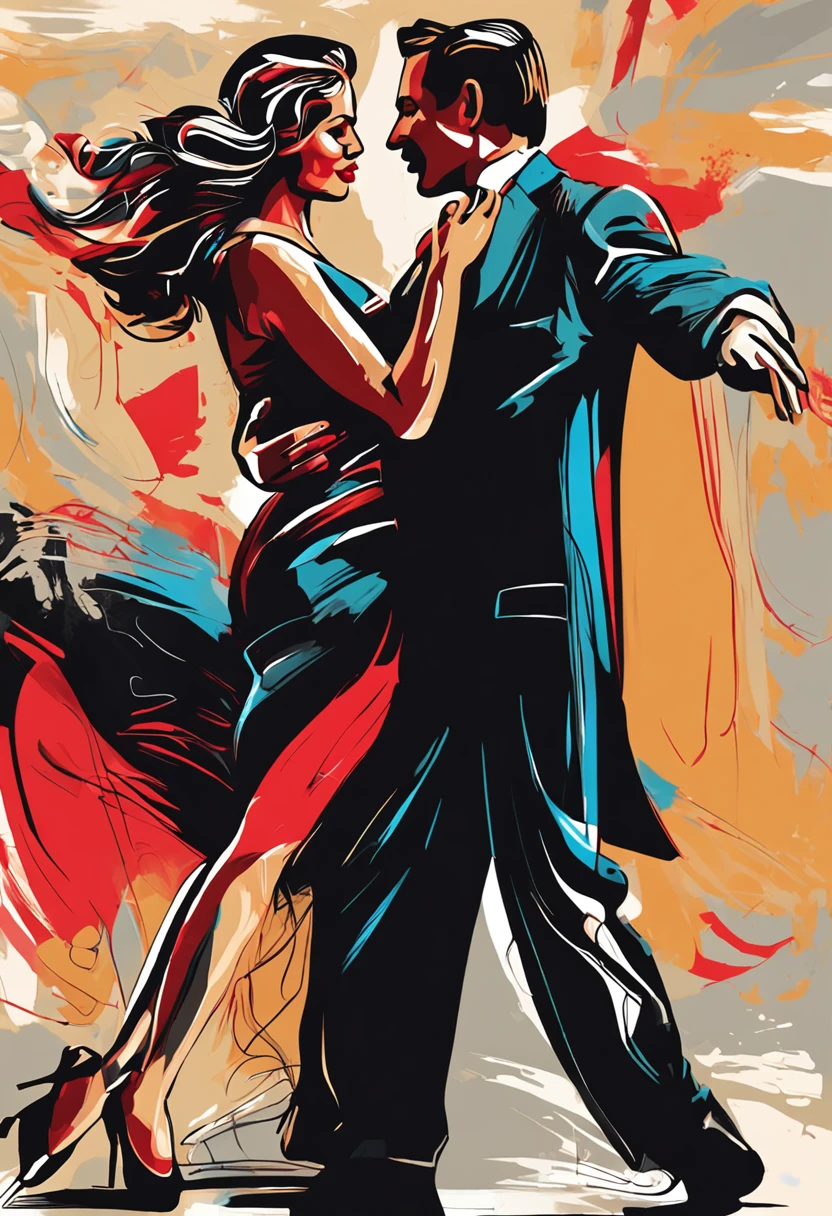 A painting of a couple dancing tango in elegant clothes. The main colors are black, vermelho, branco e dourado
