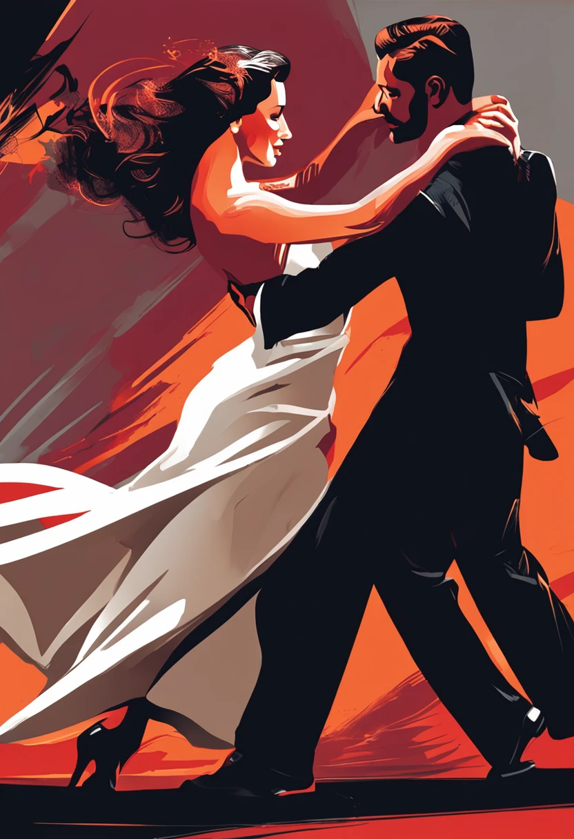 A painting of a couple dancing tango in elegant clothes. The main colors are black, vermelho, branco e dourado