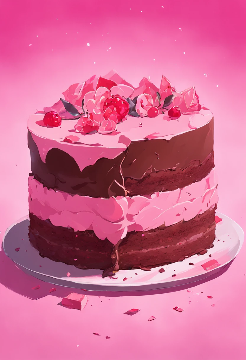 Make a cake
 Chocolate cake
 Pink background, solid color, only the pink background color
This cake is cut with the slice on the plate next to it
Ultra realistic photo, qualidade 8k, fullhd