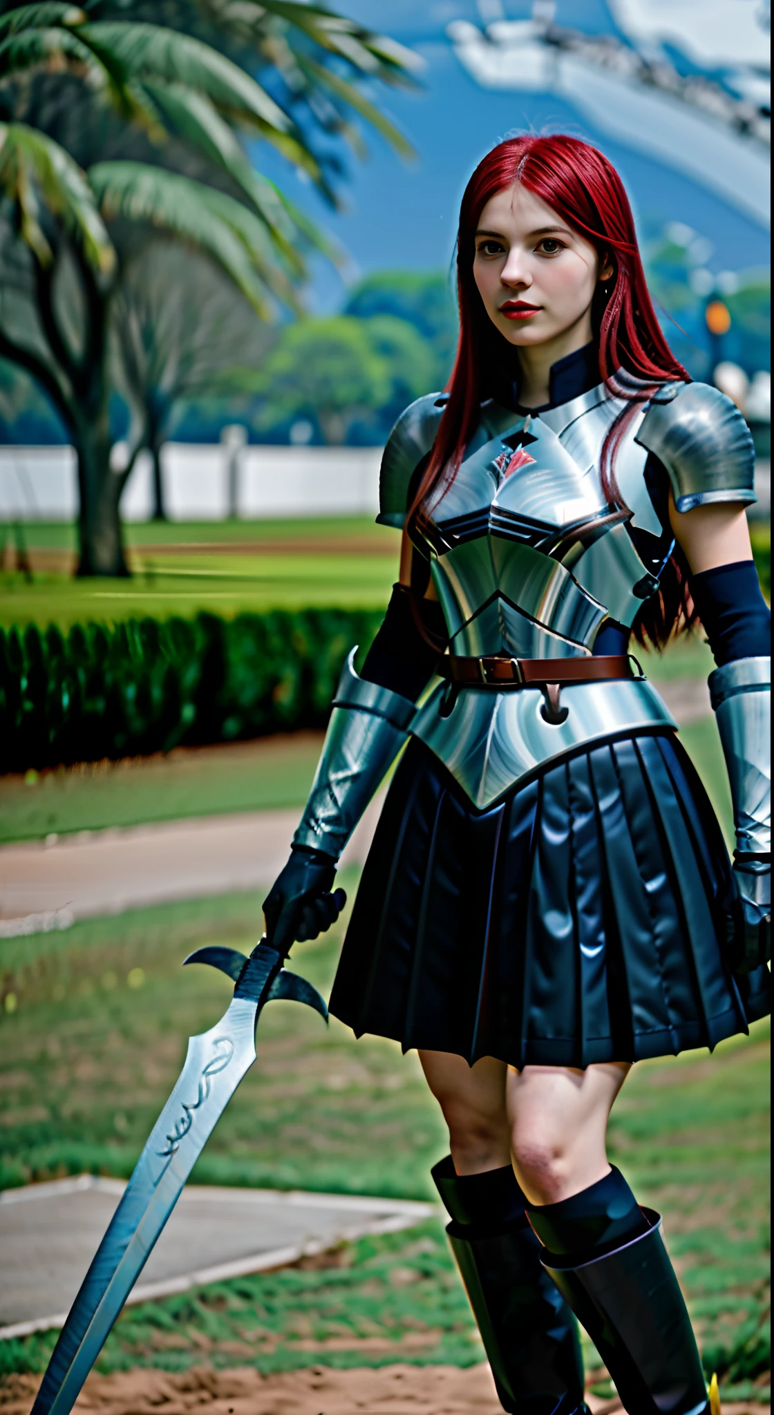 Erza escarlate, ruiva, detalhada, 1 menina, majo, 8k, Ultra realista, fantasia medieval, armadura, steel breastplate, Steel gauntlets, steel gloves, steel boots, saia de pano vermelha, minissaia colegial vermelha, sentado, pernas abertas, saia para cima, .........RAW,