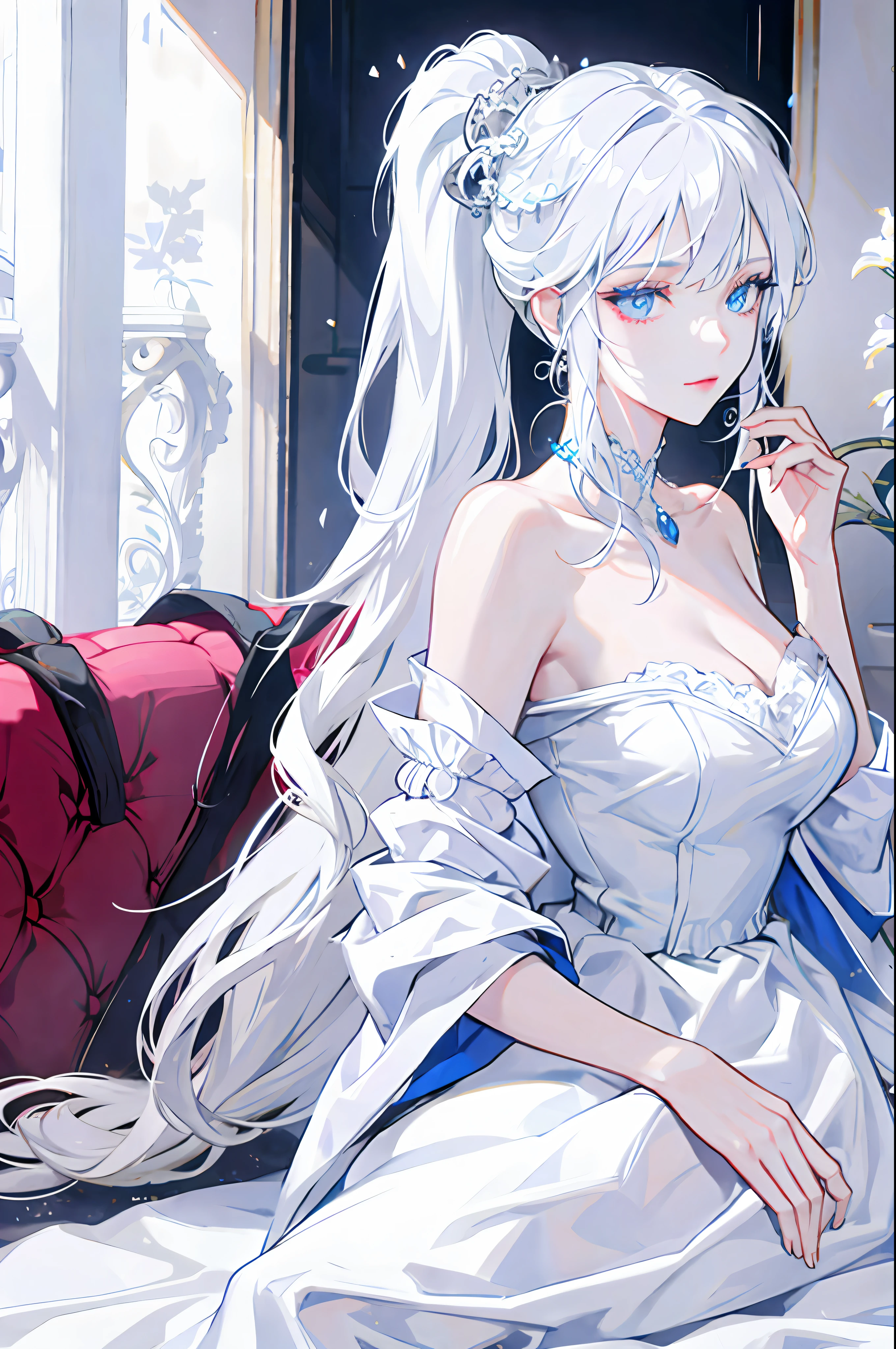 White-haired woman, light blue eyes, royalty, princess, nobility, beautiful woman, adult woman, sexy woman, white dress