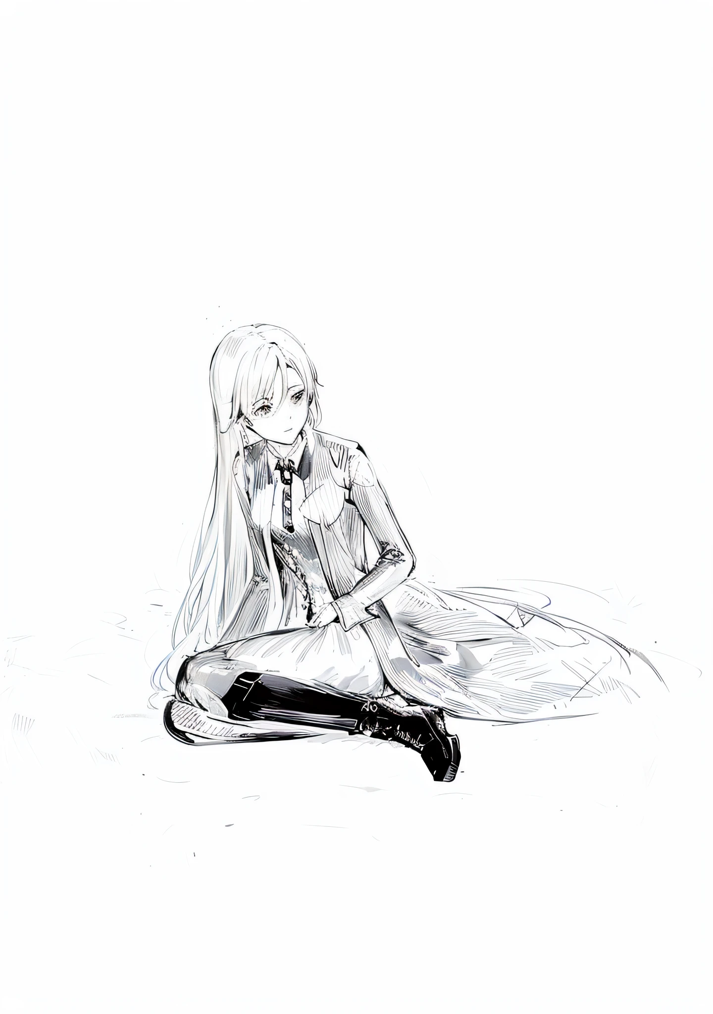 a drawing,A woman sits on a bed,hand on knee, Violet Evergarden, black and white manga style, killy from blame!, Floor plan about the《Ishida art manga》, black and white line art, in a cloak with long hairs, zerochan art, Anime girl with long hair, black on white line art, From《Final Fantasy XIII》