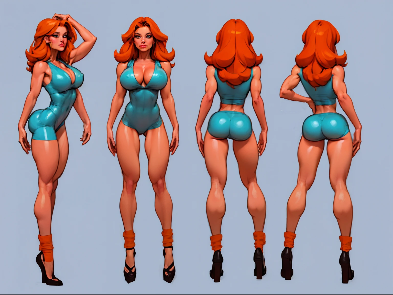 ((masterpiece)),(((best quality))),((character design sheet)), illustration,1woman, environment Scene change,  hair bangs, leg warmers, muscular, white legs, thick legs, (white skin:1.2)scribbles and marks, fire, ((detailed face:1.1)), rough sketches, pose too, ((orange hair:1.2)), (blue clothing:1.3) , 8k,16k, (simple background, light background: 1.3)