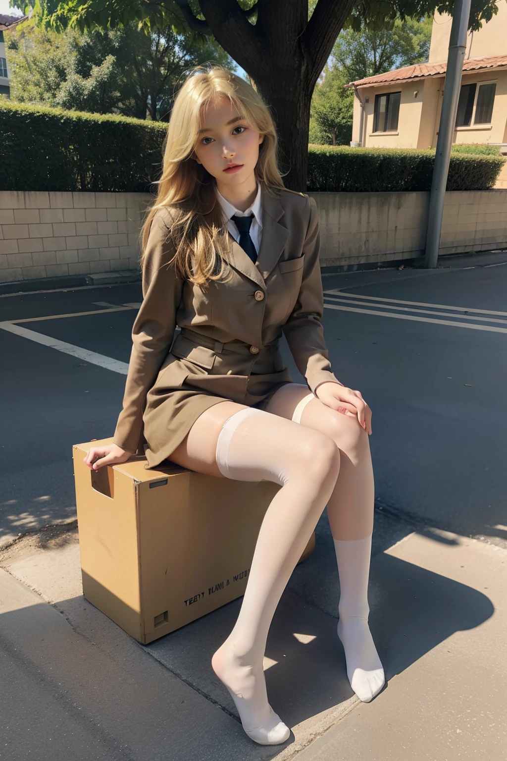 Best quality, full body portrait, delicate face, pretty face,  woman, dirty blonde hair, slim figure, large bust, OL uniform, office clothes, tan stockings, no shoes, outdoor scene, sitting position on floor