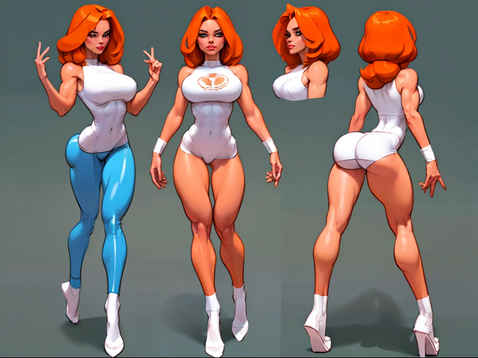 ((masterpiece)),(((best quality))),((character design sheet)), illustration,1woman, environment Scene change,  hair bangs, leg warmers, muscular, white legs, thick legs, (white skin:1.2)scribbles and marks, fire, ((detailed face:1.1)), rough sketches, pose too, ((orange hair:1.2)), (blue clothing:1.3) , 8k,16k, (simple background, light background: 1.3)