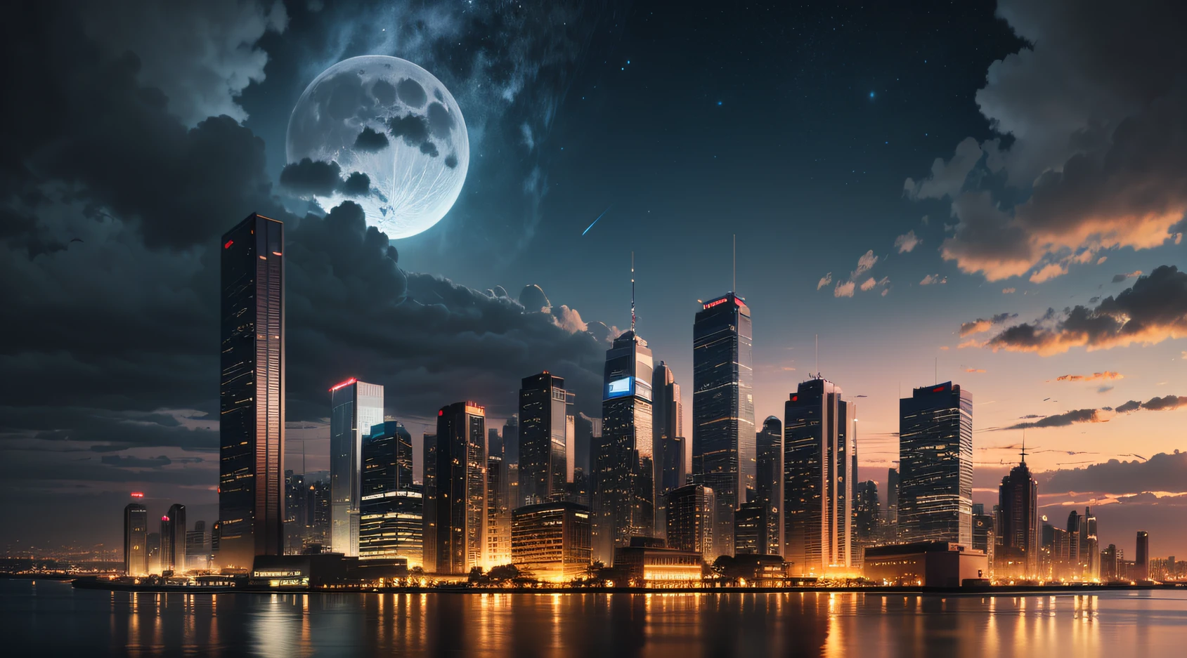 Draw me a city, Background, crisp lines, night city, megalopolis, overcast sky, Clouds, midynight, luna
