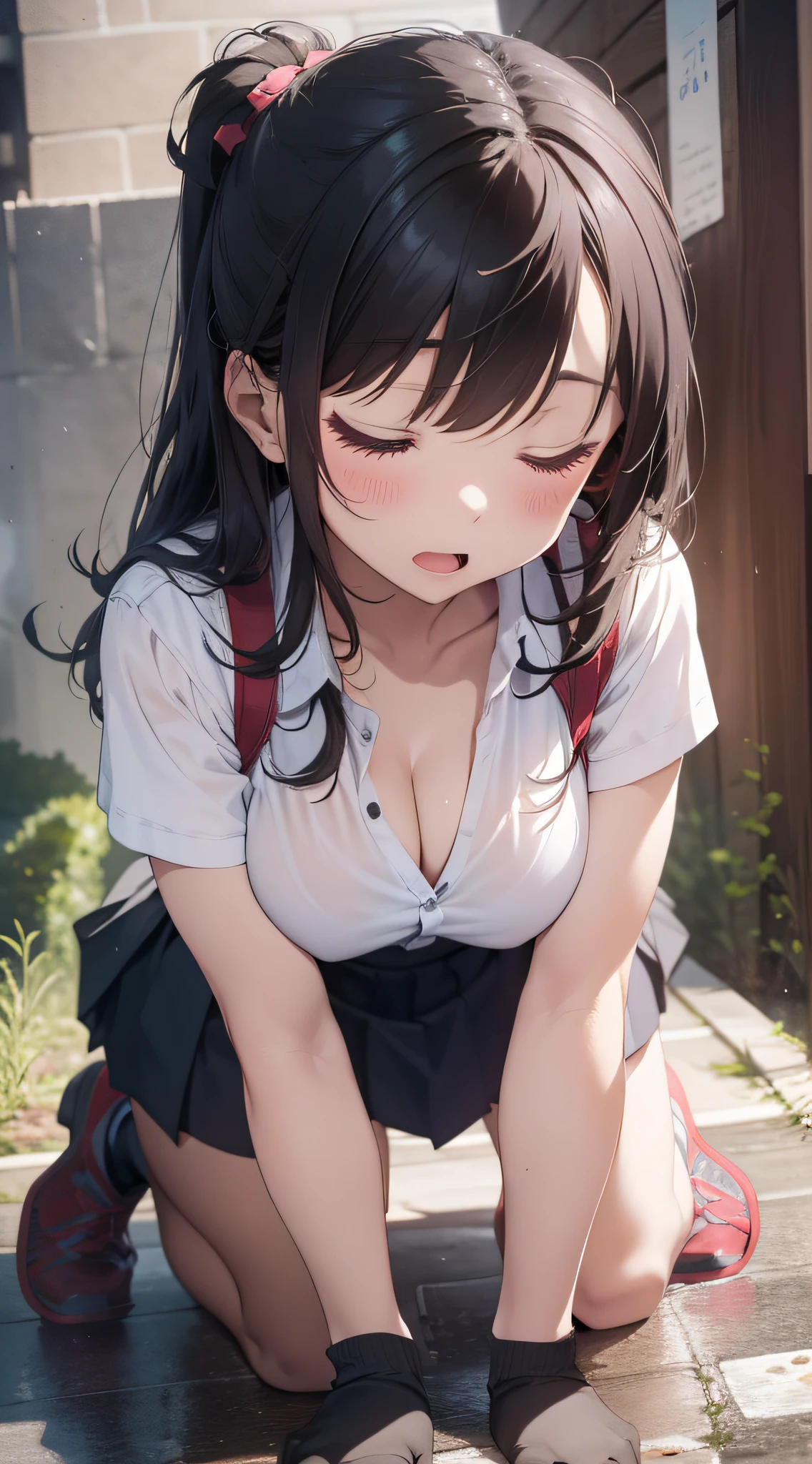 top-quality、Photorealsitic、8K picture quality、hight resolution、女の子 1 人、、Random Hair Styles、hi-school girl、Half-taken uniform、Rolled up skirt、Sliding down on panties、Unbuttoned exposed breasts、Head bowed、Raise your hips on all fours、Anguished face with closed eyes、Shot from the buttocks、Detailed wrinkles、doggy style、The penis is pushed into the vagina 、cream-pie